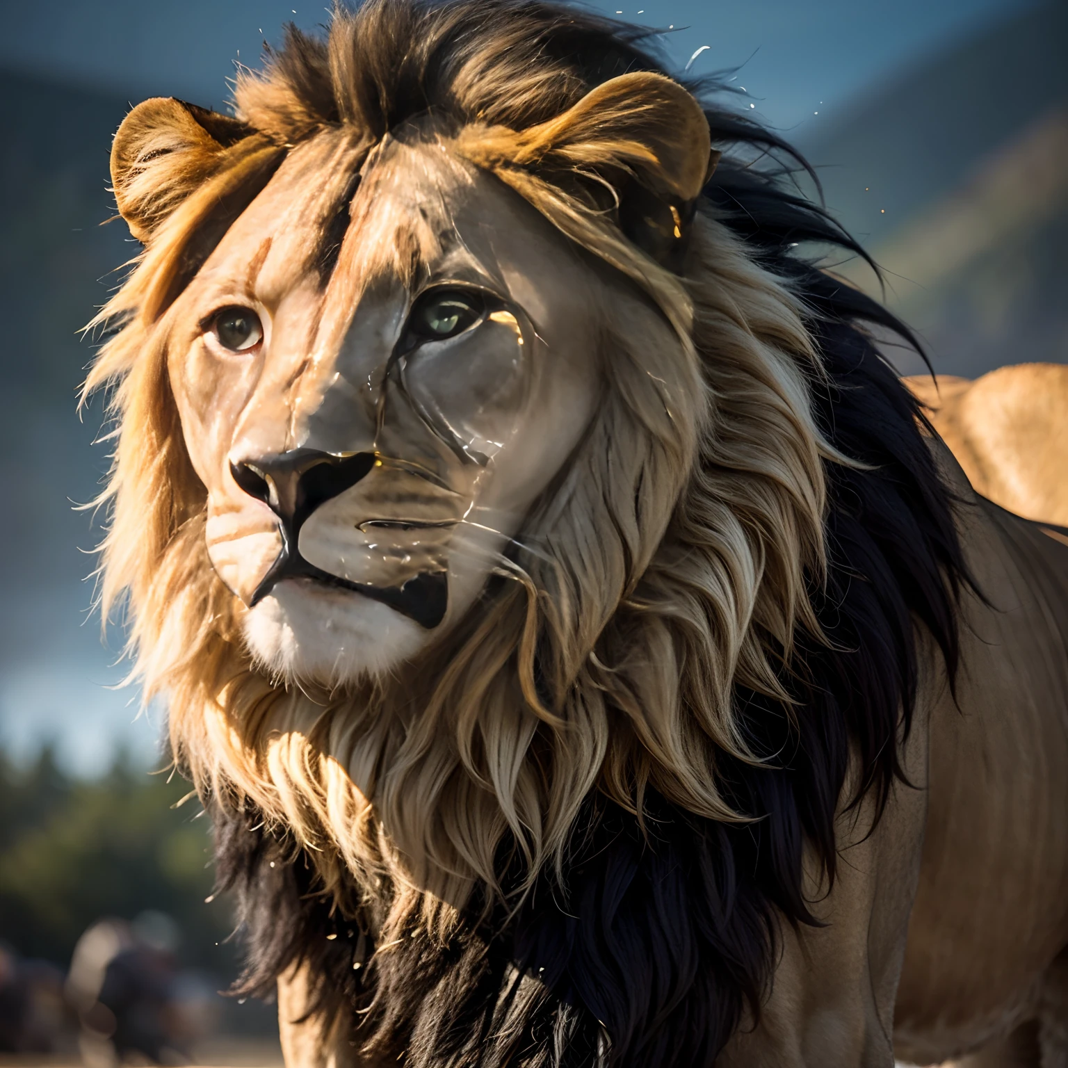 A vivid and professionally captured 4K image depicts the majestic lion, akin to the detailed and elegant artistry of Jeremy Lipking, Dittmann Anna, and jiner. Every intricate detail of the lion's mane, anatomy, and face is captured with utmost precision, reminiscent of the perfect symmetry and realistic features one would expect from a high-end portrait. The lion, exuding confidence and power, stands poised and ready in the midst of battle. The lighting sets a dramatic and cinematic mood, highlighting the softness of the fur and the intensity of the lion's gaze. This is not just a mere photograph; it's a representation of raw power and nature's beauty, free from any distortions, blurriness, or inconsistencies. It is a clear, high-resolution masterpiece, -neg erratic fluctuation in motion, noisy, bad quality, distorted, poorly drawn, blurry, grainy, low resolution, oversaturated, lack of detail, inconsistent lighting