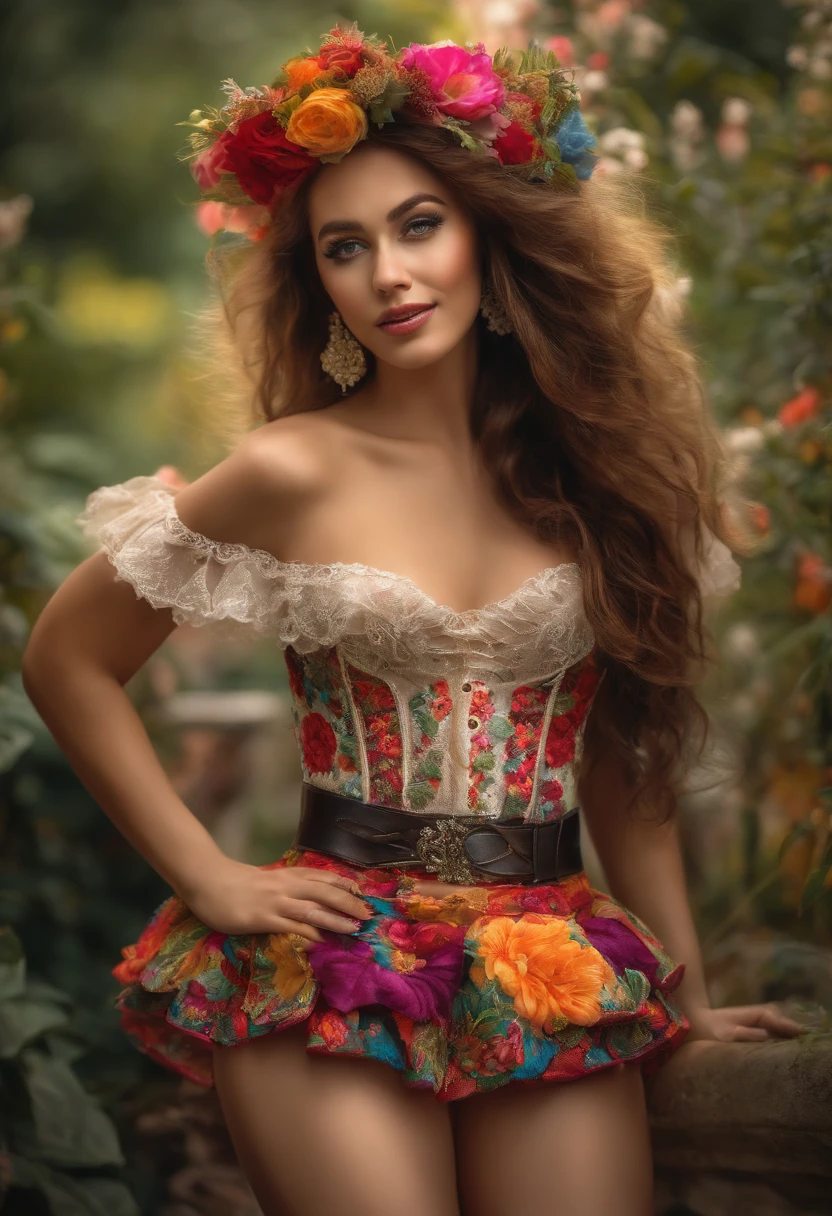 masterpiece, absurdity, fine detail, HDR, highly detailed face and eyes, photorealistic, smile, garter belt, naked posing for photo, woman, garter belt, colorful floral embroidery, ruffled skirt,