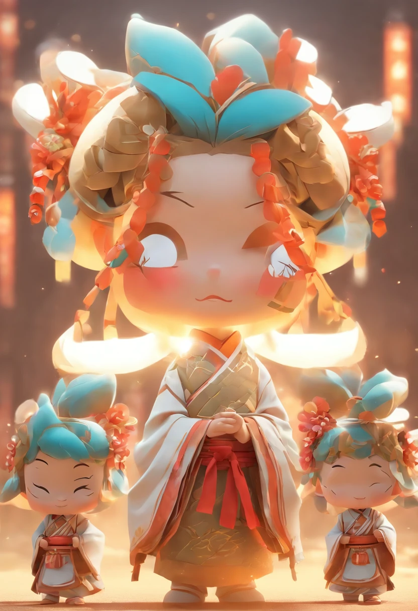Three views, Full body shot, up front view, the sideview, posterior view ,Cute cartoon IP strong girl, Wear traditional Han costumes, Light background, 。.。.3D, tchibi,Octane rendering, bright movie light, advanced color scheme, High detail