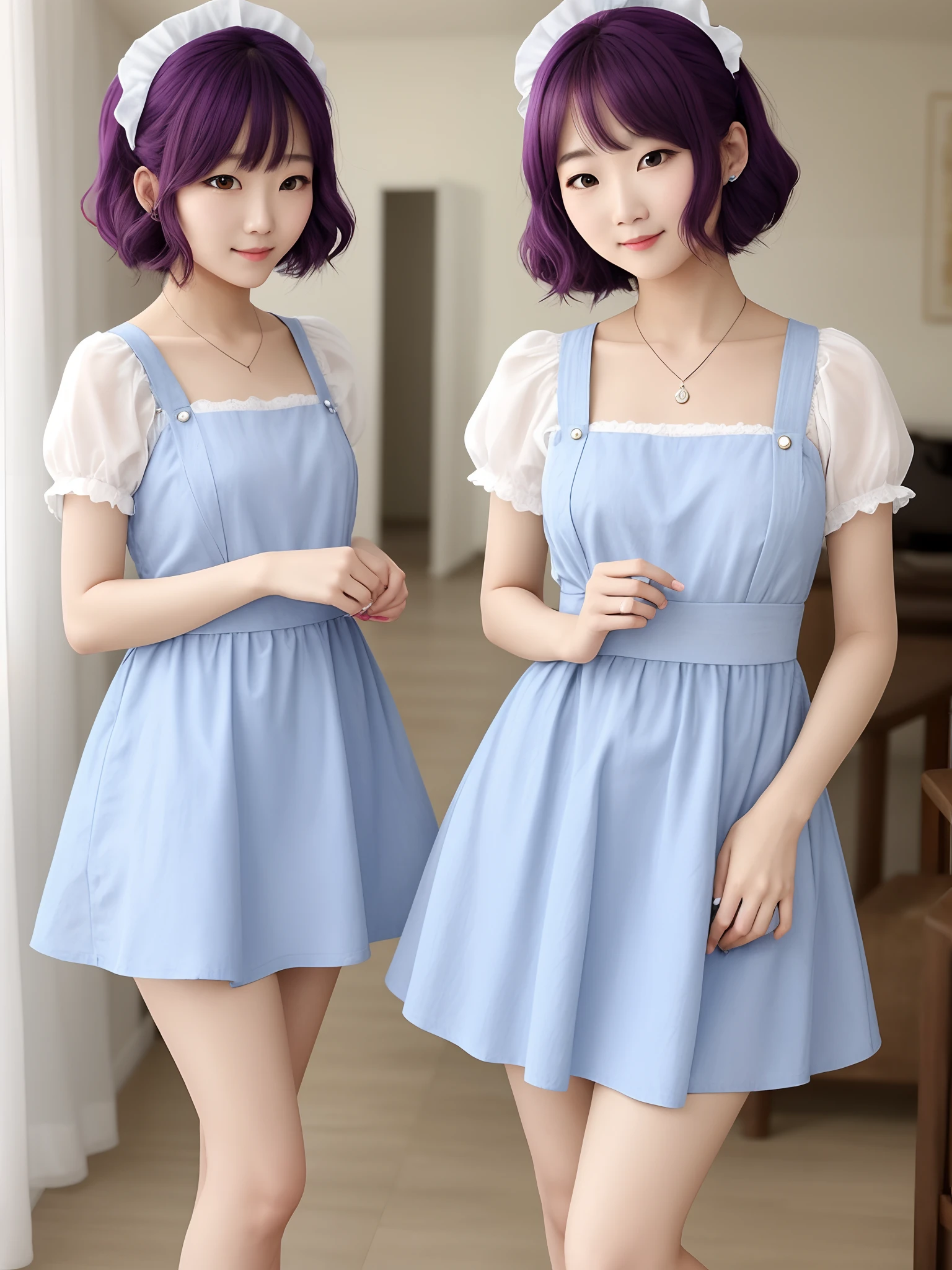 Hairstyle is bob
Hair color is light blue
Dress as a maid