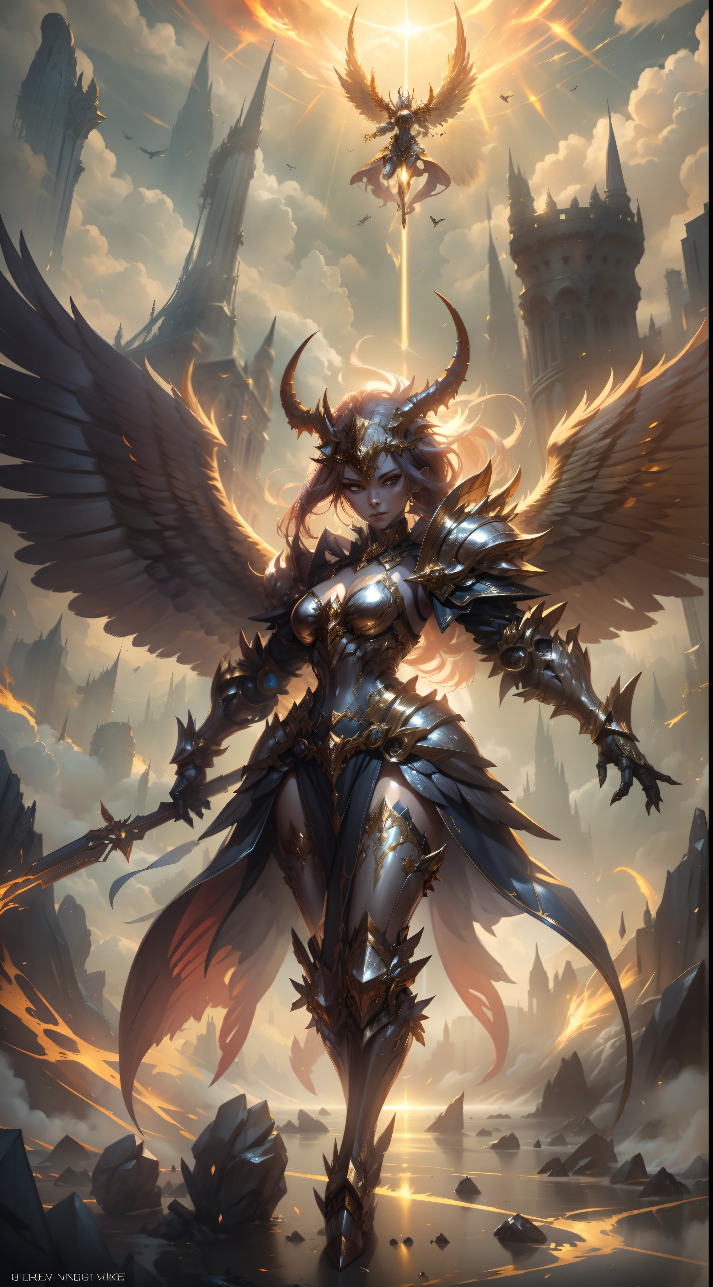 Golden armored demoness, wings made of energy, metal horns, gold, fantasy, concept art, ultra realistic, character art by greg rutkowski