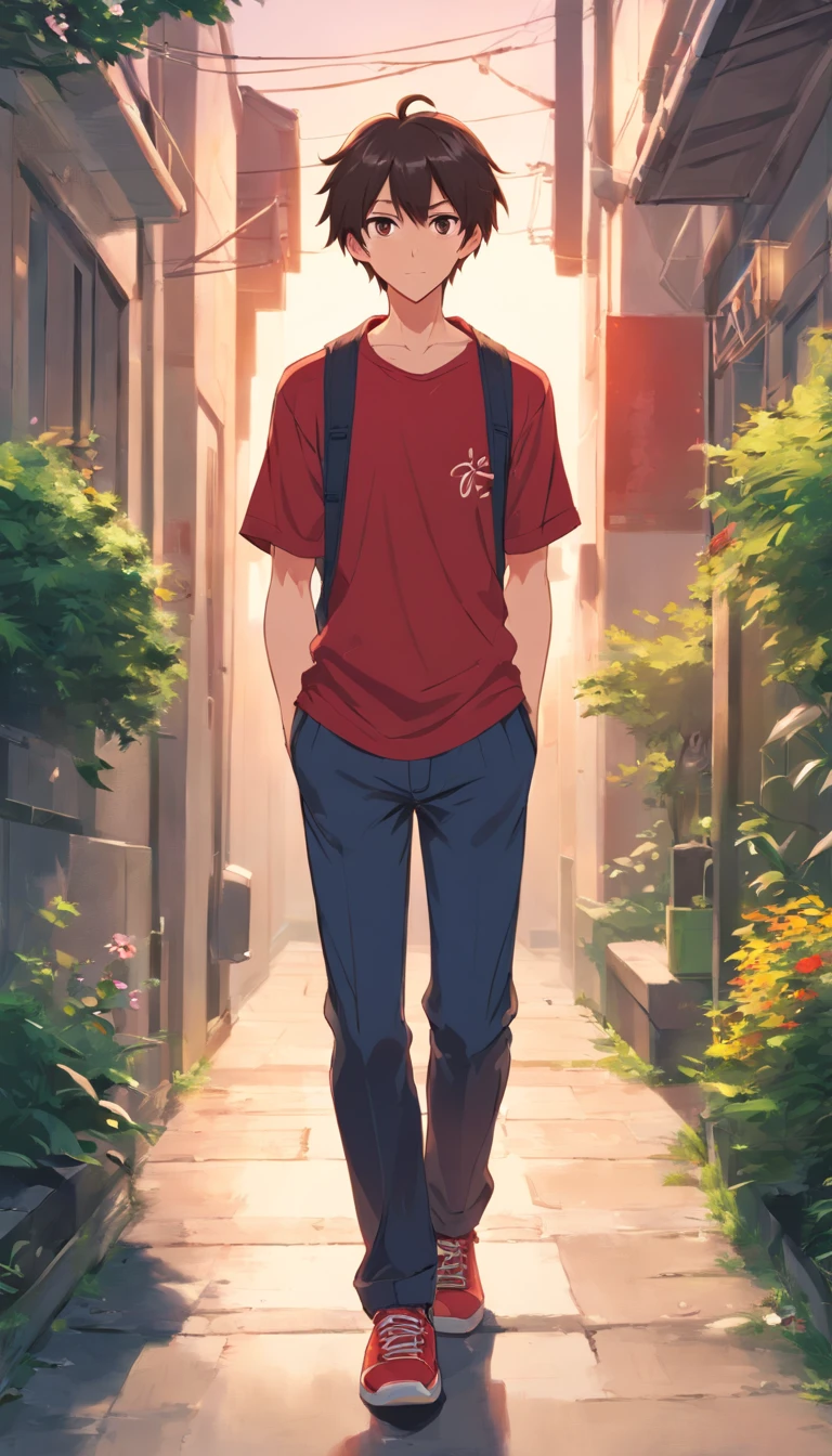 Young men,Ordinary look,medium build,Greasy hair,The eyes are sinister。He wears a flowery red shirt and black pants,There are worn sneakers on the feet。