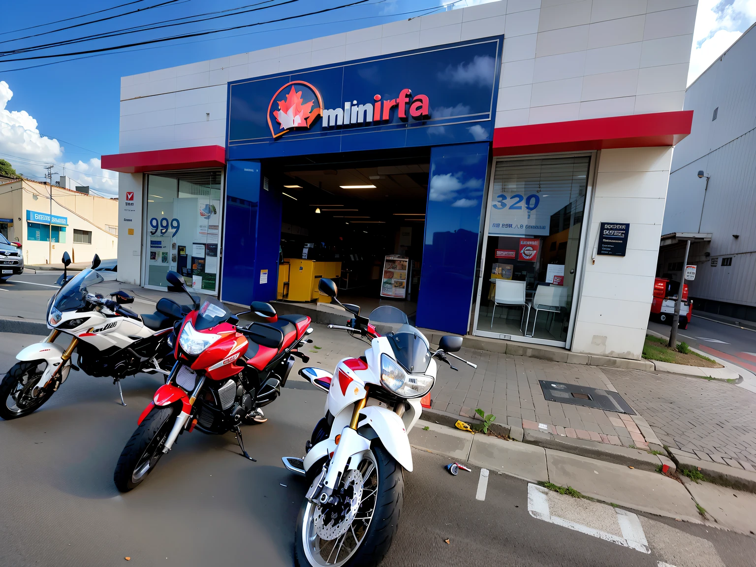 Motorcycles parked in front of a building with a sign that says Air Canada, imagem frontal, foto para uma loja, Directed by: Samuel Silva, Directed by: Ramon Silva, uma moto no centro do quadro, Malika Favre, Directed by: Felipe Seade, exterior grande angular 2022, Tomado com Sony Alpha 9, Torne-se profissional, sao paulo, Directed by: Luis Miranda, loja