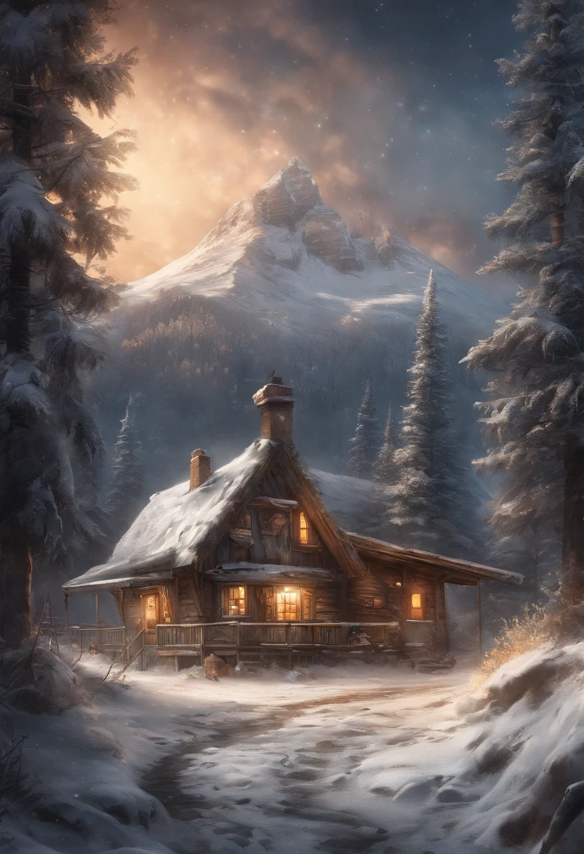 nowy mountains, a small house, smoke from the chimney, a few trees around, thick snow on the ground,Warm tones, snowflakes falling, starry sky