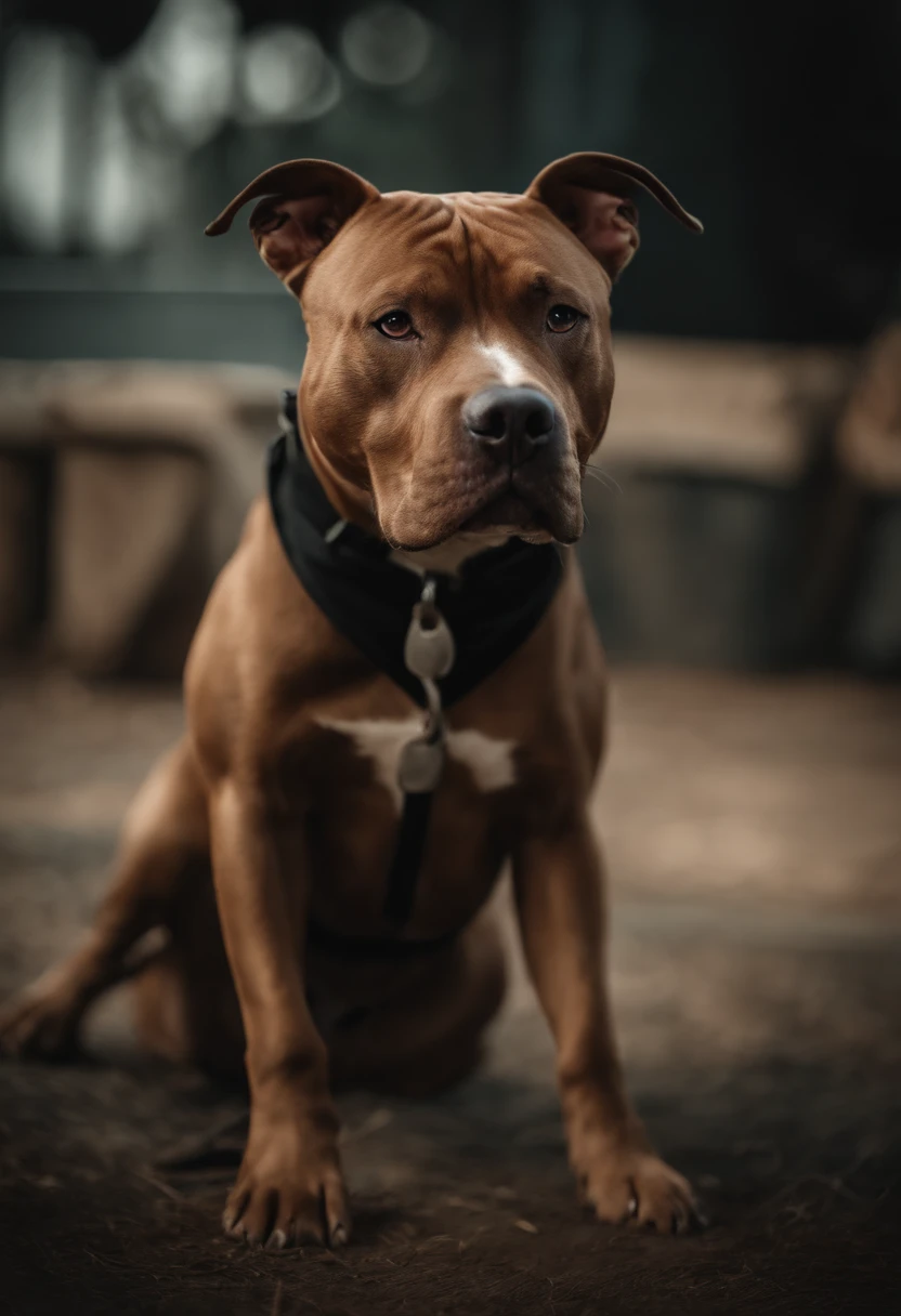 Create a realistic and terrifying image of a single dog, such as a American Bulldog , with a fierce expression, showing its teeth and intense, glowing eyes. The dog should have a muscular build, standing in a dark, eerie setting with shadows and mist, enhancing its menacing presence.