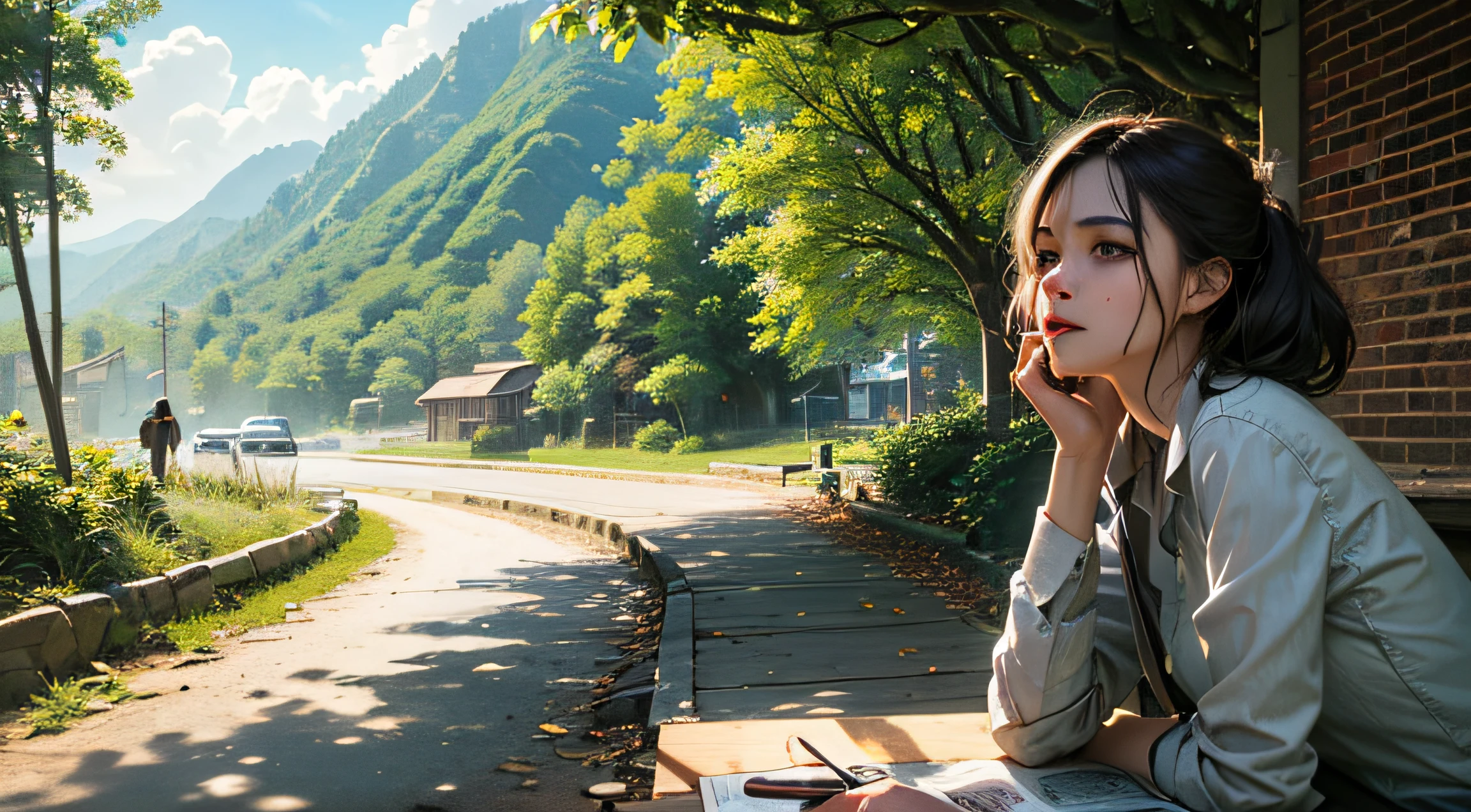 (illustration), (high resolution), (8K), (extremely detailed), (best illustration), (beautiful detailed eyes), (best quality), (super detailed), (masterpiece), (wallpaper), warm and quiet day, roaming in the sun, old loves scattered on the street, I burned out matches, in the paradise, on the opposite side of the end, people waves, green along the way, in the paradise.