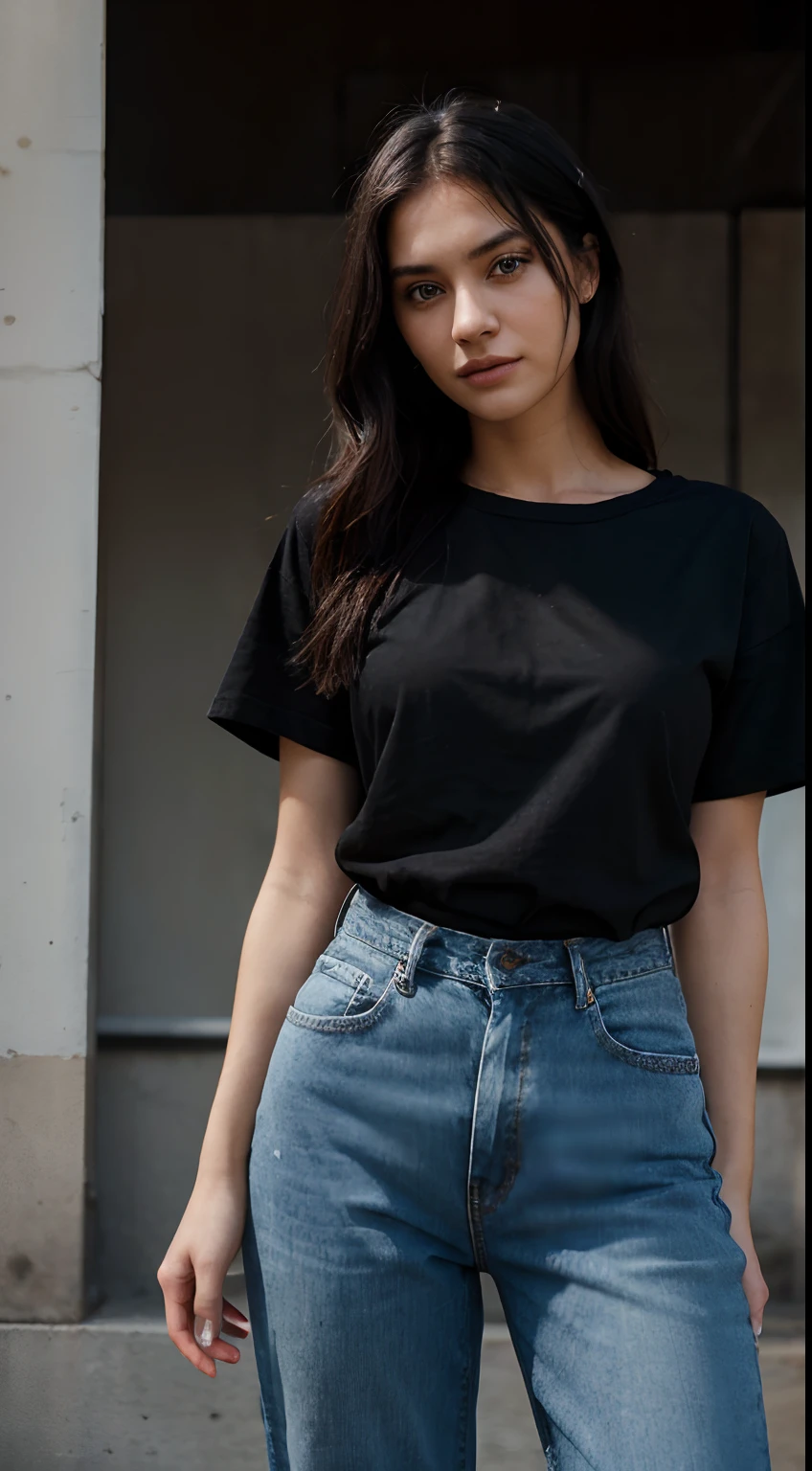 arafed woman , oversized black t-shirt and blue jeans, photo of a woman, mid shot portrait, candid picture, 7 0 mm portrait, photo of young woman, 60mm portrait, candid portrait photo, portait image, candid portrait, taken with canon eos 5 d mark iv