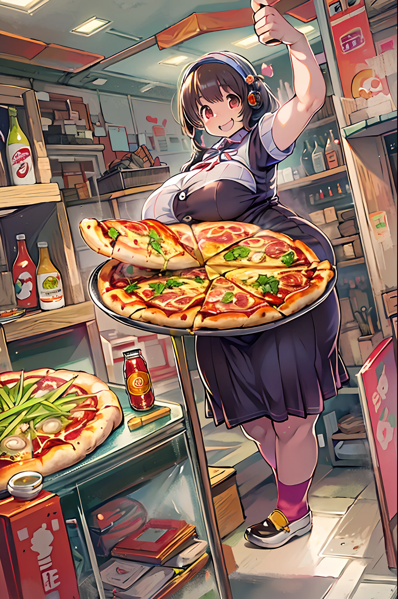 masutepiece, Best Quality, 1人、huge-breasted、bbw、Holding (Giant pizza slices)1.5、Thumbs up、huge smile、Plastic bottles of cola、