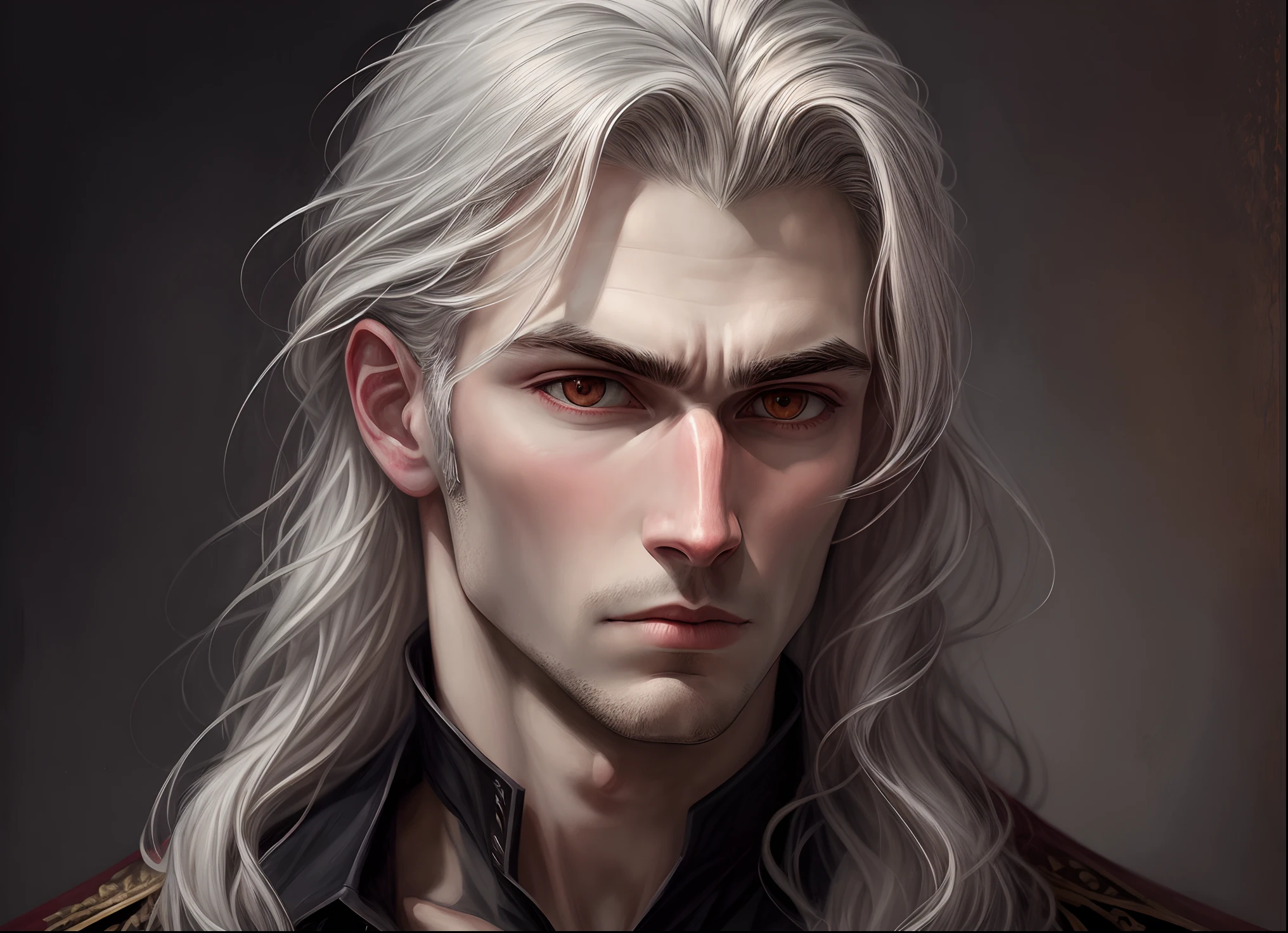 A vampire male portrait painting, baroque style, he has medium long grey hair, a pale face, no beard, masculin face and a frozen look. --auto --s2