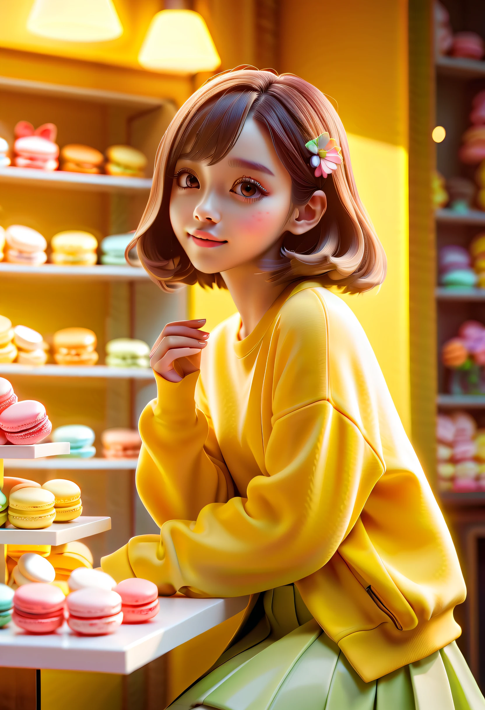 style of disney animation, the Full body 3d artwork of cute girl, girl wearing a yellow soft sweate , Colorful Macaron shop，flowers, colorful, in the style of romantic soft focus and ethereal light, sandara tang, sunrays shine upon it, movie scene，oshare kei, study 3d game art, studio light The focal length of the background is 35mm f1.4,C4D,blender,octane rendering,high details8k