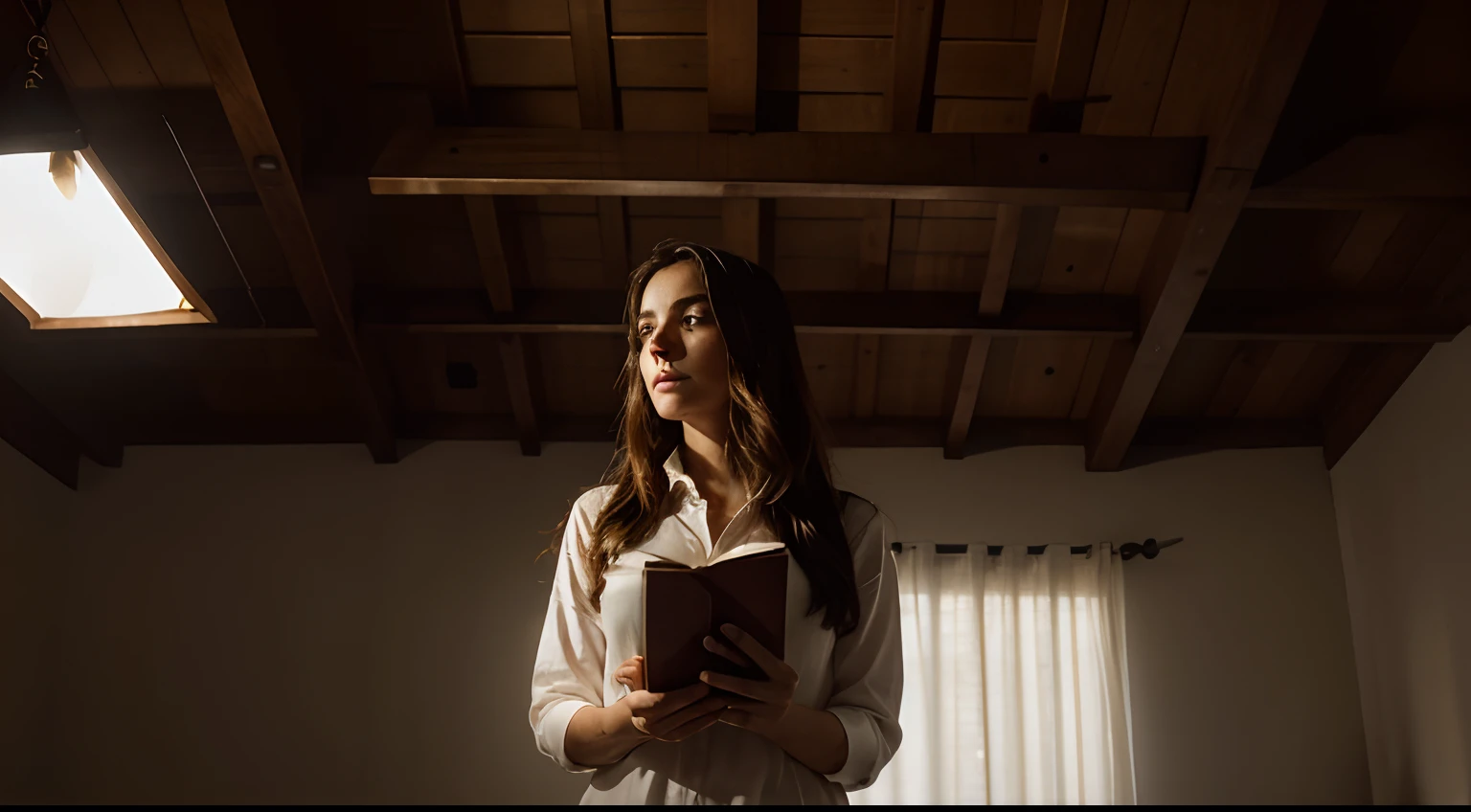 Woman sitting in a room with a book in her hands, um retrato inspirado em Elsa Bleda, Unsplash, light and space, in an attic, enquanto ela olha para o teto, standing in a dimly lit room, camera angle looking up at her, camisa longa,olhando para o teto, teto baixo, dramatic low-key lighting, Hot, grumpy lighting