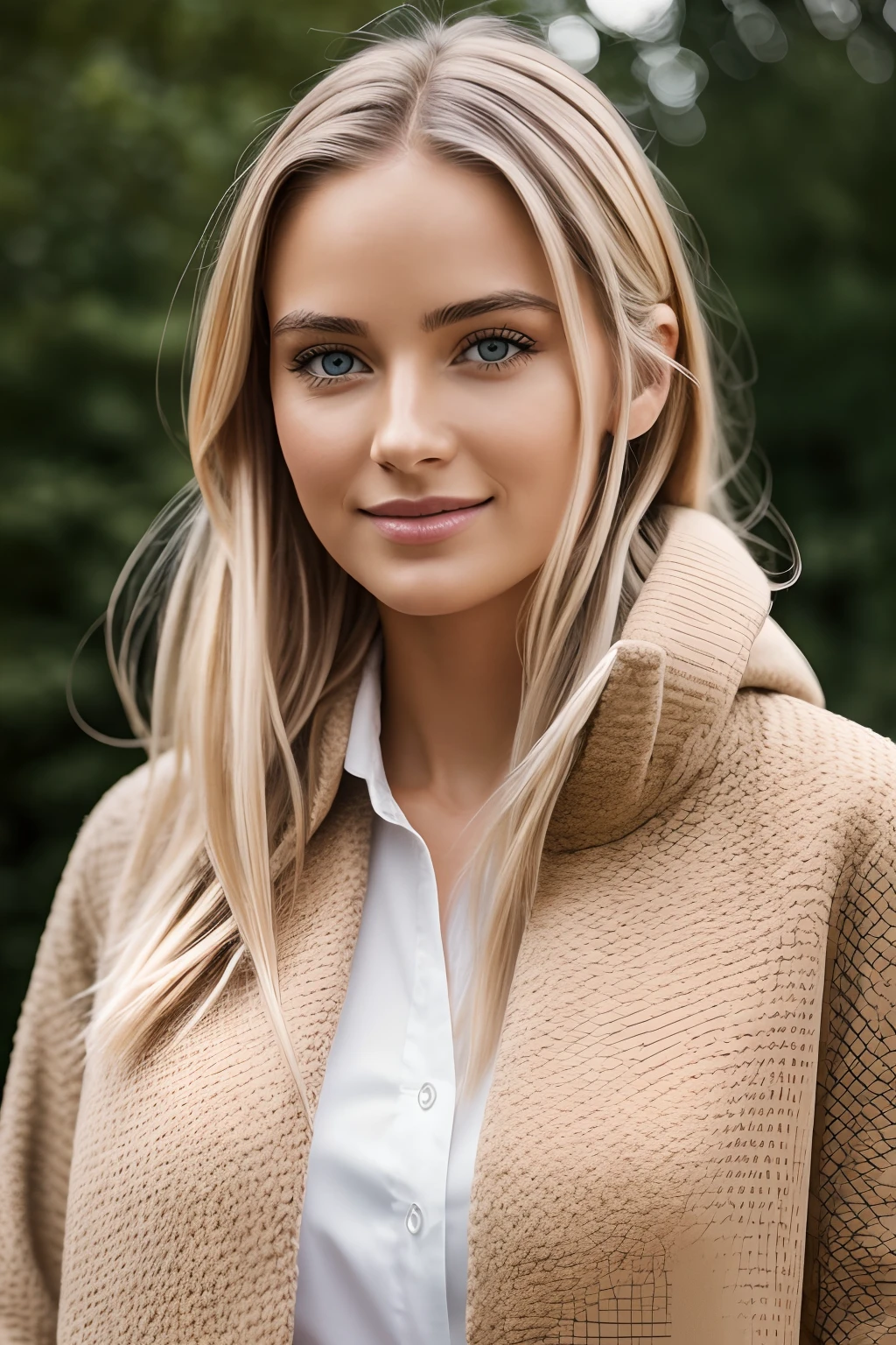 Hyper-realistic and detailed shot of a blonde woman .souriante de 25 ans portant un long manteau et une mini jupe. outside. Le soleil brille. Des yeux parfaits, (maquillage des yeux:1.1), (seins parfaits), (Highly detailed skin:1.1), ......RAW, style analogique, mise au point nette, 8K UHD, DSLR, High quality, Fujifilm XT3, grain, award winning, Masterpiece, Objectif 50mm, corps entier