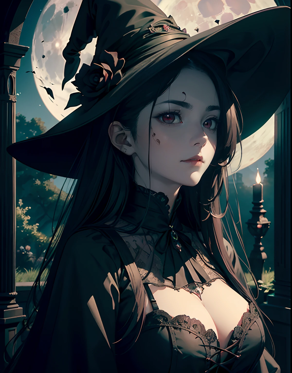 Masterpiece, A spectral witch woman,(Best quality, highly detailed, beautiful and aesthetic:1.2),(delicate and beautiful),(ultra highly detailed CG illustration),(girl:1.1),(red eyes)(big nose:1.2),(europe face), (smirk, furrowed eyebrows),wearing black gown, long cloth,(witch hat),long black hair, beautiful witch, white skin, young woman,make up gothic,(covered), (nightmare setting, outdoor,moon lighting),(illuminated with green lighting),