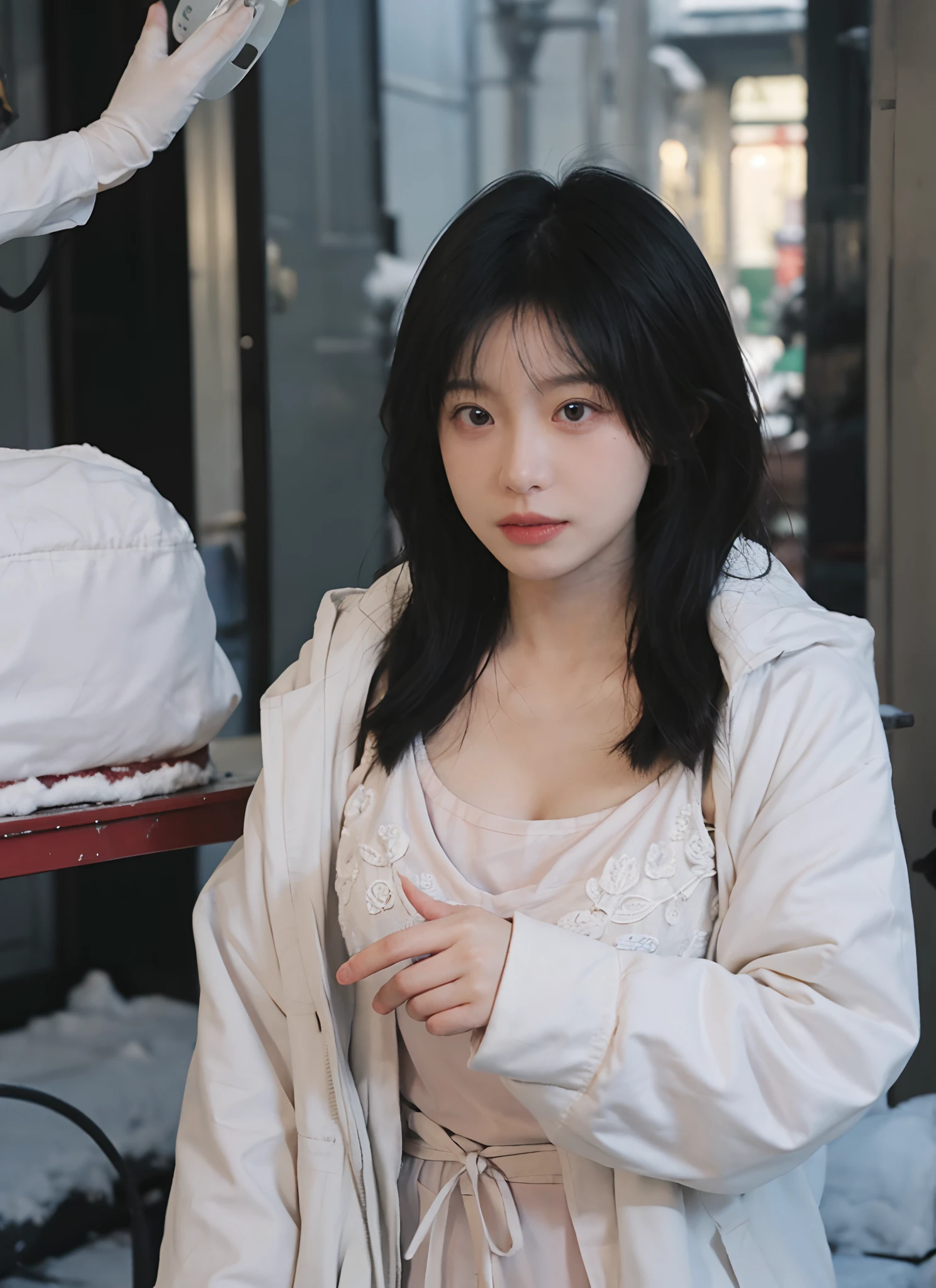 best qualtiy, 超高分辨率, (realisticlying:1.4), one-girl,Pink Long Hair, A pair of clear and moving eyes,Royal Sister,Snow white coat, looking at viewert, closeup cleavage ,