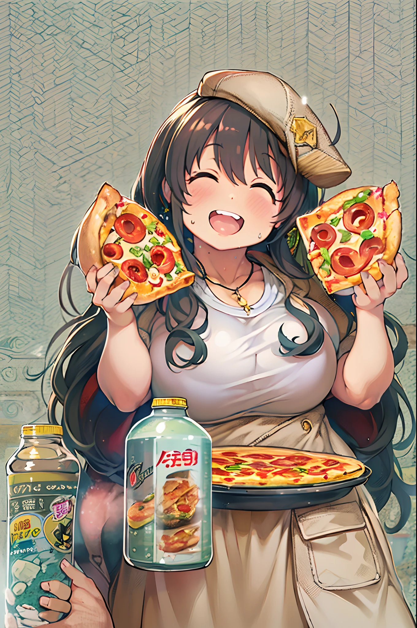 masutepiece, Best Quality, 1人、huge-breasted、bbw、Holding (Giant pizza slices)1.5、Thumbs up、huge smile、Plastic bottles of cola、
