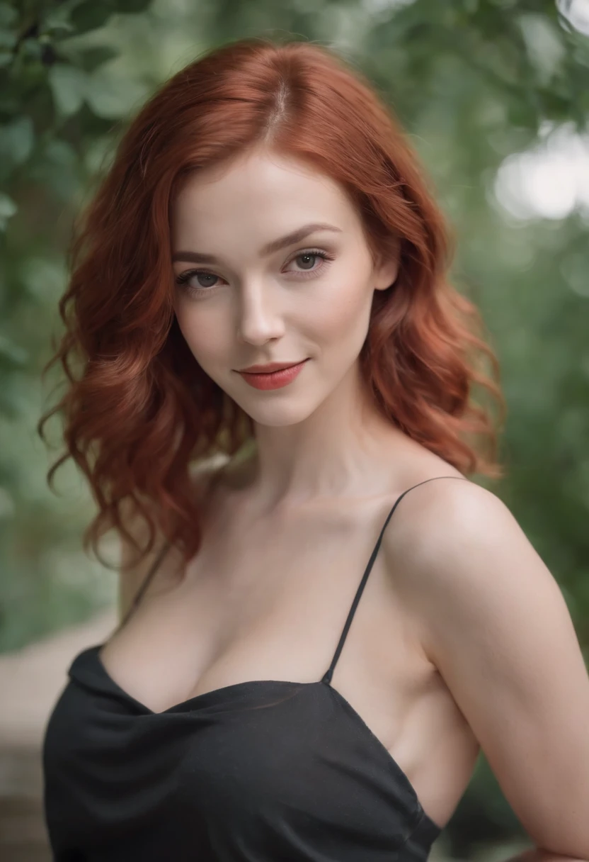 Real picture of a totally naked woman with red short and wavy hairs, cute medium boobs, without shirt and bra, open legs, smiling, instagram post style, nsfw