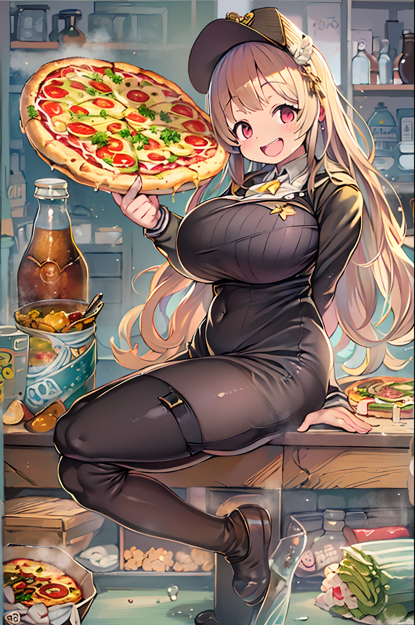 masutepiece, Best Quality, 女の子1人、huge-breasted、bbw、Holding (Giant pizza slices)1.5、Thumbs up、huge smile、Plastic bottles of cola、