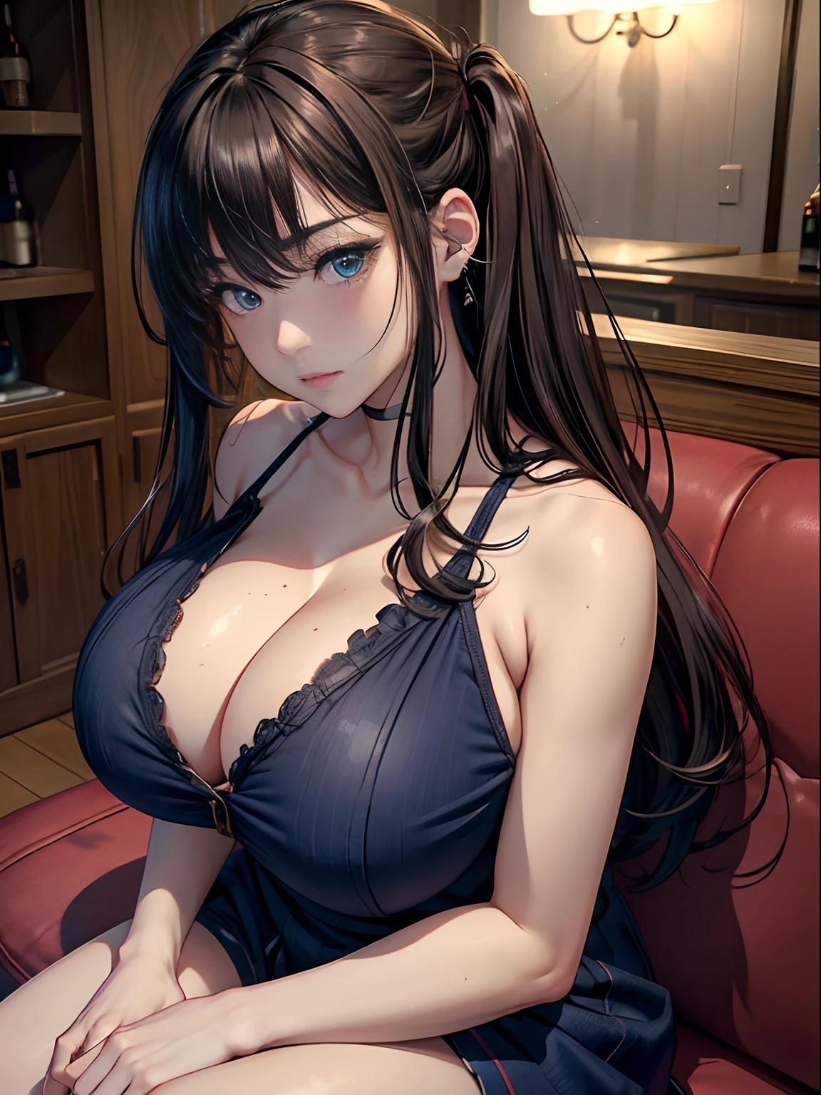 A teenage girl、(masterpiece:1.4)、(in 8K、realisitic、Raw photo、top-quality:1.4)、(Real Face:1.4)、(real looking skin:1.3)、超A high resolution、A hyper-realistic、Eyes in Beautiful Details、Brown long hair、hairpin、耳Nipple Ring、Blue Dress、high detailing、(huge-breasted:1.5)、gargantilha、Blushing、Embarrassed look、alluring face、Night Bar、Sit on the sofa