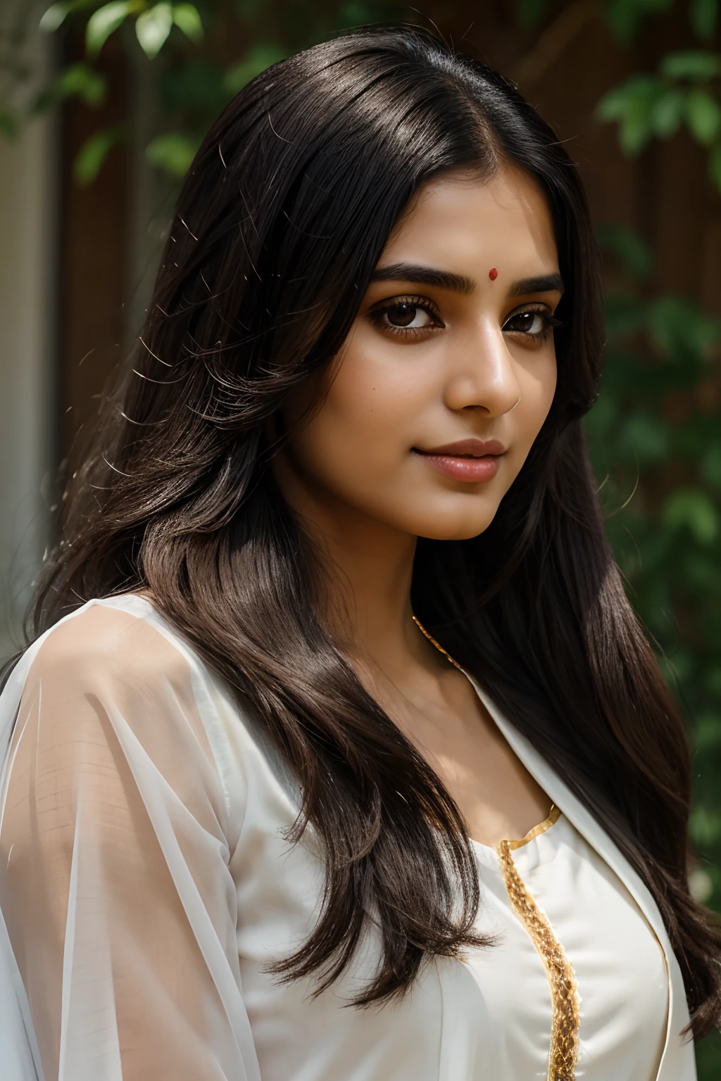 Beautiful ,23 years young girl,confident looking,8k,realistic,dark black hair,brown skin, indian,long hair,clear facial features, wearing dupatta and kurti with claping hands, saying namaste