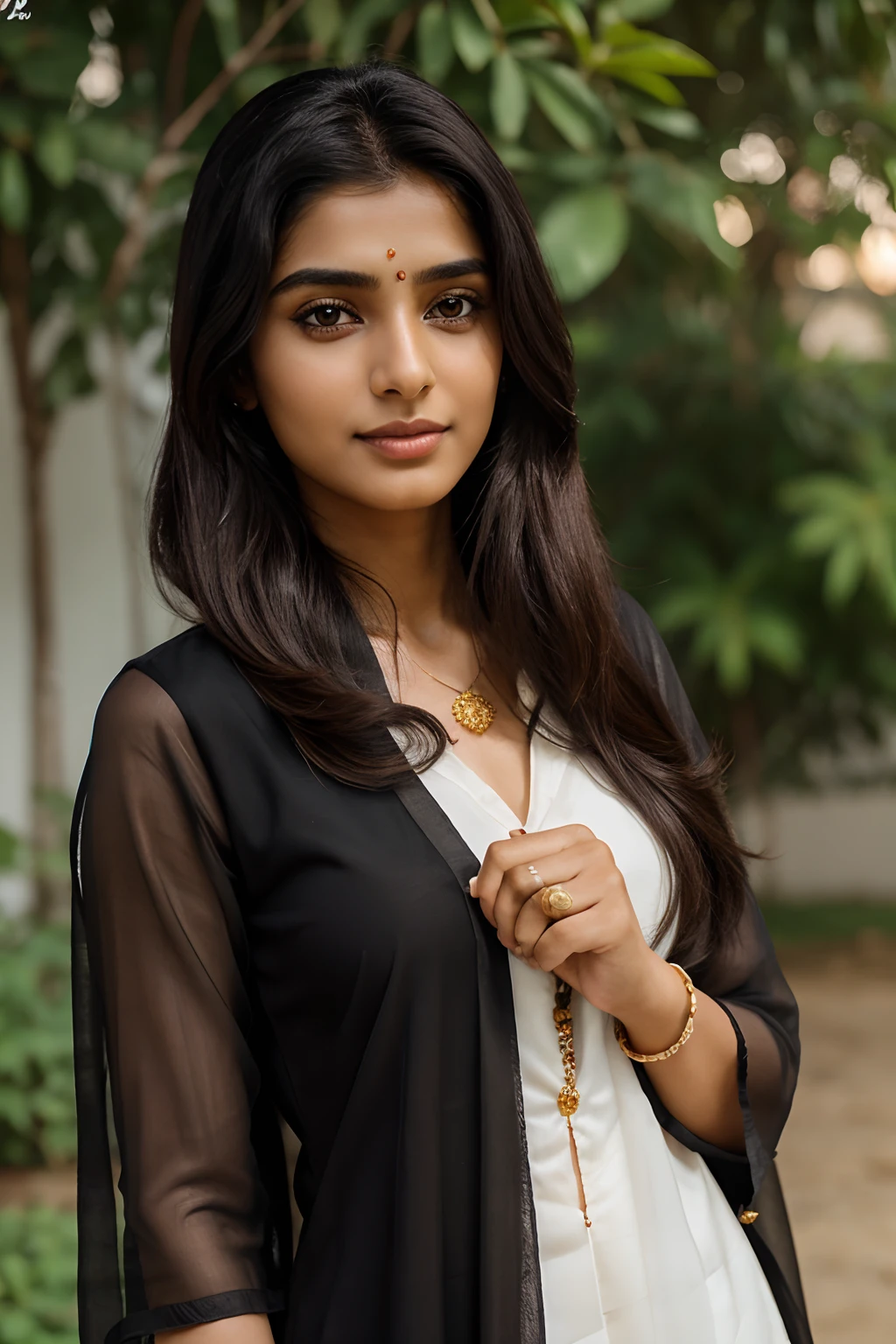 Beautiful ,23 years young girl,confident looking,8k,realistic,dark black hair,brown skin, indian,long hair,clear facial features, wearing dupatta and kurti with claping hands, saying namaste