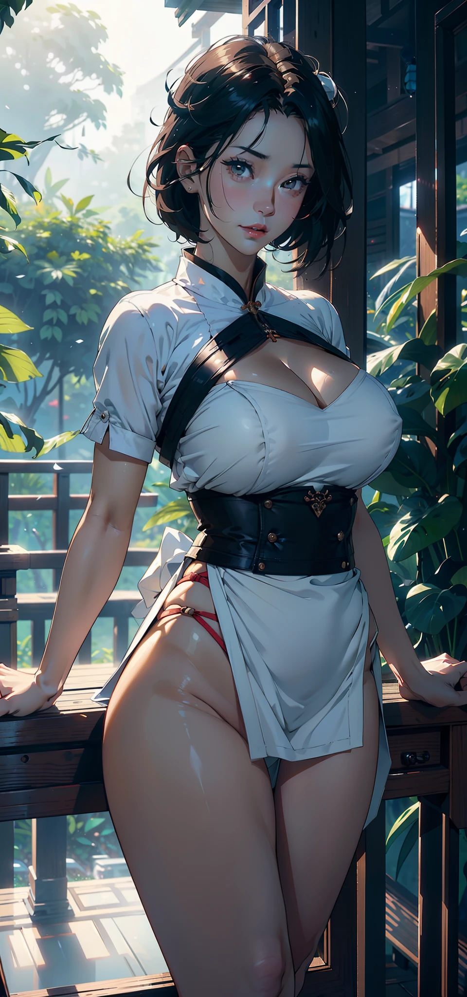 1female,45 yers old,A MILF,熟妇,mature,extremely large bosom,huge tit, 独奏,(Background with:the rainforest,lotus flower,Sateen) She has short black hair,bobo head,,seen from the front, standing in forest, mostly cloudy sky,(((tmasterpiece),(Very detailed CG unity 8K wallpaper),best qualtiy,cinmatic lighting,detailed back ground,beatiful detailed eyes,Bright pupils,Black eyes,Snow-whiteskin,Redlip(Very fine and beautiful),(Beautiful and detailed eye description),ultra - detailed,tmasterpiece,))facing at camera,A high resolution,ultra - detailed),revealing breasts,Bare genitalia, Bulge,legs are open,Raised sexy,Camel toes,Flushed complexion,Desire for dissatisfaction,frontage,Indian flight attendant(Wearing:,green apron)