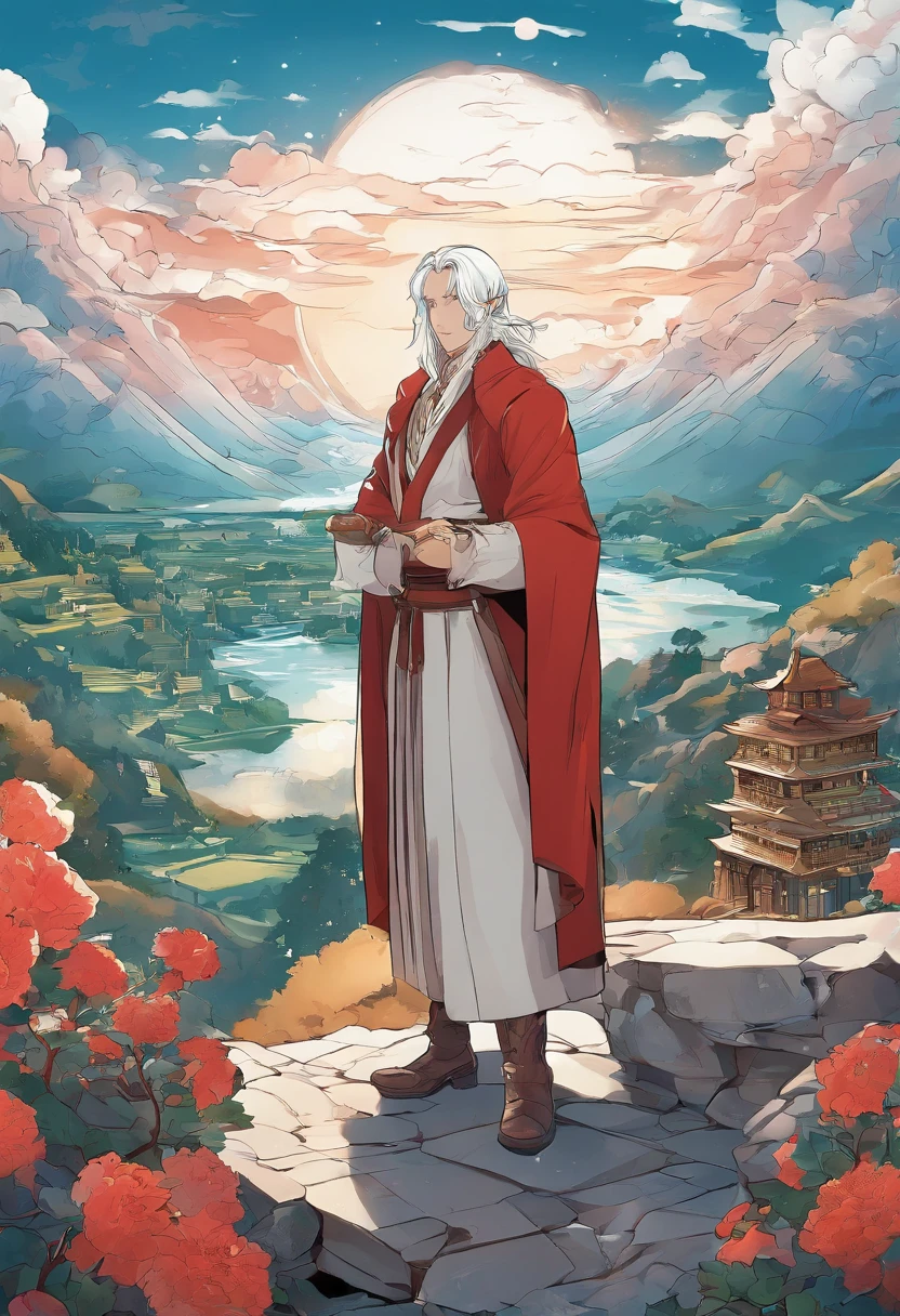 Anime village painting, Hobbit fantasy village background,Auspicious clouds,rays of sunshine,humans with white hair wearing a brown cloak,hyper detailed illustration,Light red and sky blue,Imaginary landscape,psychedelic manga,Landscapes and ultra HD images,Faraway view,masterpiece, super detailing, hyper HD, high qulity, extremely detaile,super detailing