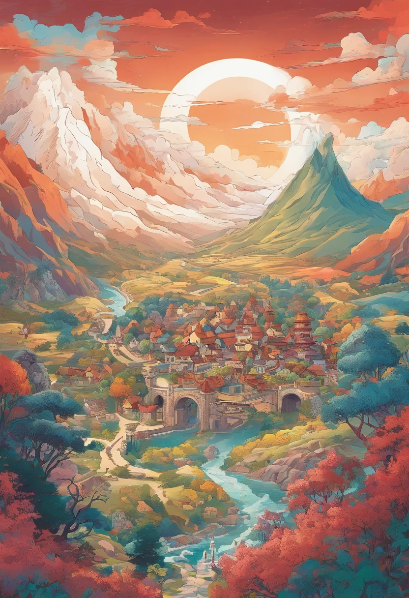 Anime village painting, Hobbit fantasy village background,Auspicious clouds,rays of sunshine,humans with white hair wearing a brown cloak,hyper detailed illustration,Light red and sky blue,Imaginary landscape,psychedelic manga,Landscapes and ultra HD images,Faraway view,masterpiece, super detailing, hyper HD, high qulity, extremely detaile,super detailing