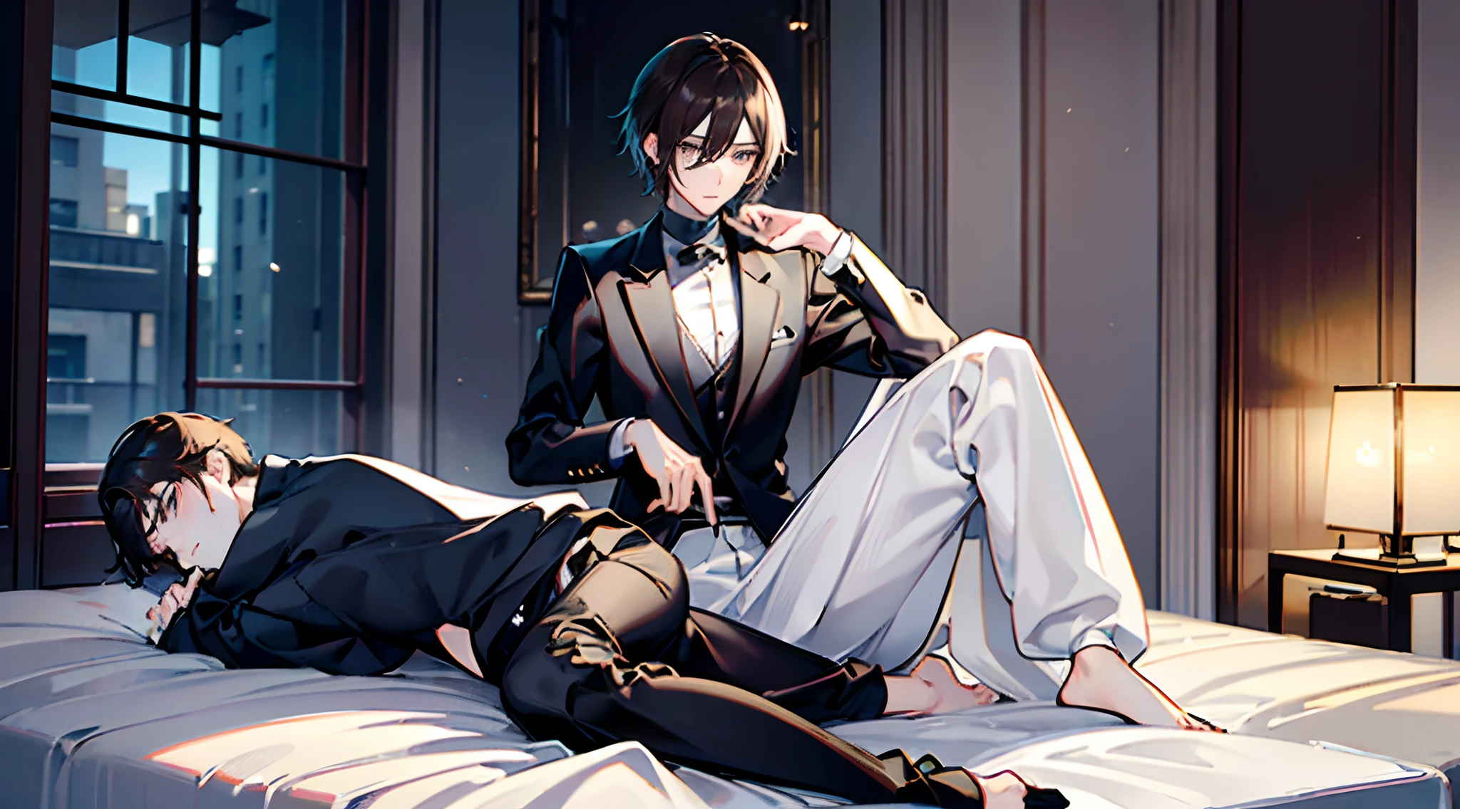(Masterpiece, Best quality), Intricate details, 8K, art stations, the wallpaper, offcial art,Photorealsitic,Ultra-clear portrait style,Young male in his twenties,2D Beautiful Boys,Exquisite,Pretty big breasts,with fair skin,Three-dimensional facial features,Brown hair,Silver-gray eyes,Slender and well-proportioned physique,Elegant black shirt,Black trousers,Gray coat,Straight hair at shoulder length,Gentle and melancholy temperament,Artistic,Lonely figure。
