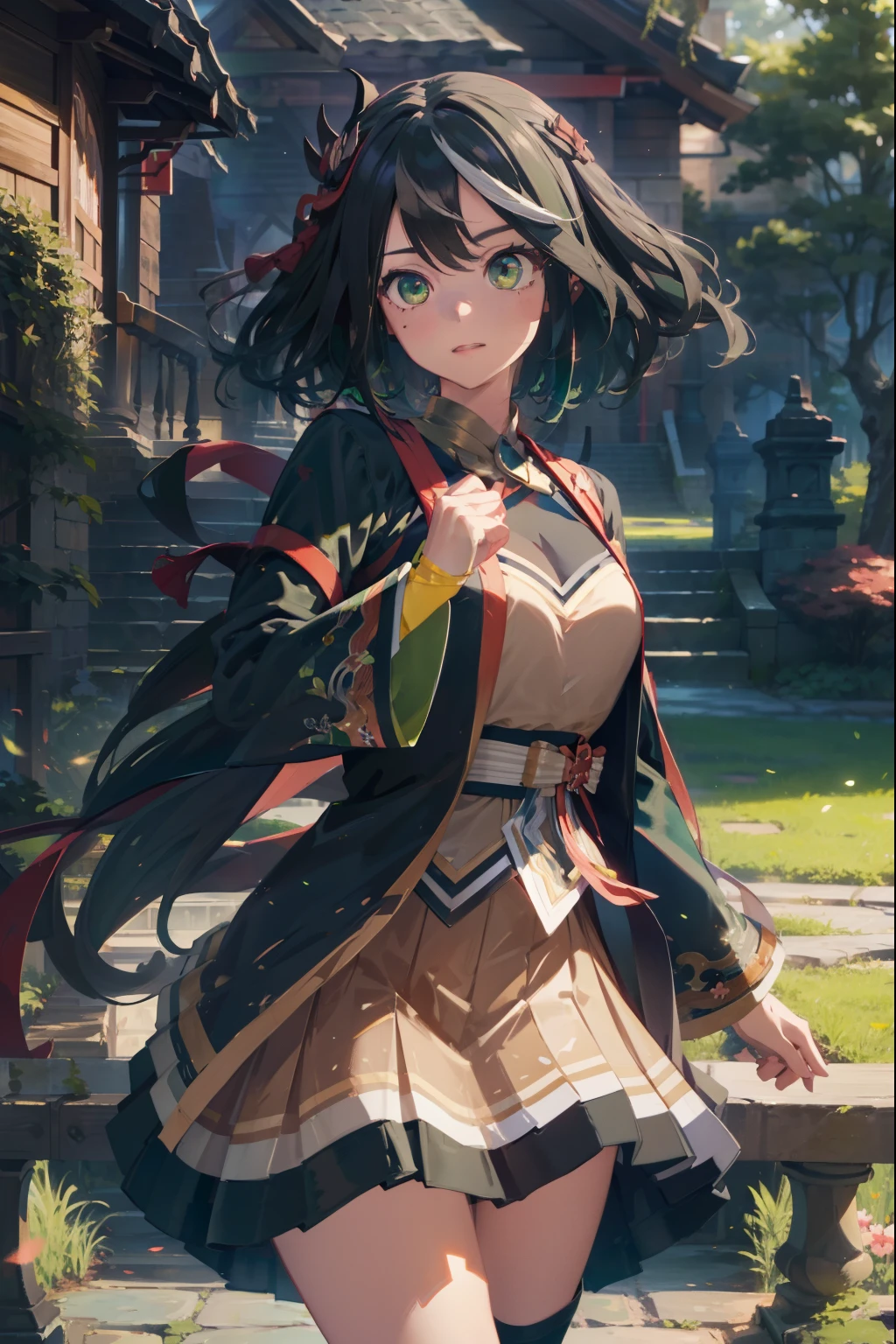 mitsurikanroji, mitsuri kanroji, braid, gradient hair, (green eyes:1.5), green hair, long hair, mole,  mole under eye, multicolored hair, pink hair, twin braids, two-tone hair,
BREAK belt, black skirt, cleavage, coat, demon slayer uniform, haori, japanese clothes, long sleeves, miniskirt,  partially unbuttoned, pleated skirt, skirt, uniform,
BREAK looking at viewer,
BREAK indoors,
BREAK (masterpiece:1.2), best quality, high resolution, unity 8k wallpaper, (illustration:0.8), (beautiful detailed eyes:1.6), extremely detailed face, perfect lighting, extremely detailed CG, (perfect hands, perfect anatomy), (Master Masterpiece、maximum quality、highestres、offical arts、Beautifully Aesthetic:1.2)、(Master Masterpiece、maximum quality、maximum quality、offical arts、Beautifully Aesthetic:1.2)、(Master Masterpiece、maximum quality、maximum quality、offical arts、Beautifully Aesthetic:1.2)、(a 1girl:1.3)、highly detail、(Fractal Art:1.3)、colorfull、Supreme Details、「Enchanting witch from another world」This painting titled、It depicts a captivating beautiful witch manipulating magic in the castle gardens without limits。The castle spreads out、The garden there is、It creates an atmosphere as if a door to another world has appeared..。

Standing at the center is、Beautiful witch in a sophisticated dress。His face is meticulously drawn.、He has a profound expression on his face, as if he strongly wishes for something.。In her hand is a luxurious wand.、From that wand is emitting mighty magical powers。 The magic cast is、It was released as an explosive force from the tip of the wand.、The energy that reverberates through the garden as a beam of colorful light is very powerful.、A beam of light makes a large trajectory in the sky。

The charm of this painting is、The mighty and enchanting beauty of the witch、Y、It skillfully captures the mystique of the garden.。 、And the witch's facial expressions and movements are very realistic.、It has the power to draw the viewer into the place。

In addition、the light and