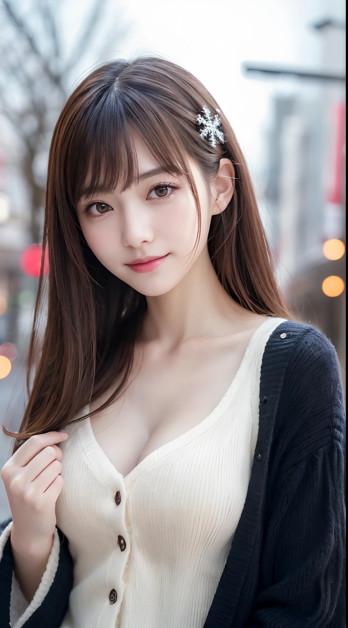 (masterpiece:1.3), (8K, Photorealsitic, Raw photography, Top image quality: 1.4), Japan high school girls、(Random hairstyles:1.2)、(large boob)、Super Detail Face、Eye of Detail、二重まぶた、foco nítido:1.2、prety woman:1.4、light brown hair、top-quality、masterpiece、超A high resolution、(Photorealsitic:1.4)、very detailed and professional lighting、wearing a white coat、slender、A smile、the setting sun、wearing brown suede gloves、