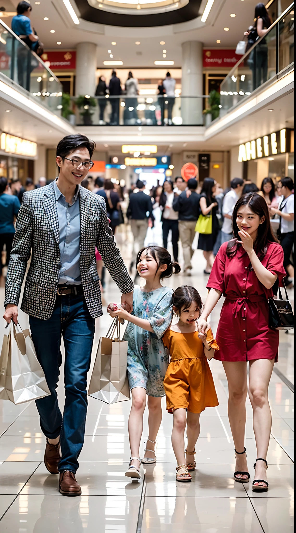 A family shopping at a mall, Busy shopping center, crowded shopping mall, Happy parents and children, Fashionable clothes, fashion accessor, Colorful shopping bags, Excited expressions, a joyful atmosphere, A vibrant shopping experience, Luxury stores, Bright lights, Stylish display windows, modern interior design, Wide aisles, Comfortable seating area, Trendy café, Bustling corridors, livelymusic, Professional customer service, Large escalators, shiny floors, beautiful ornaments, Shiny glass, high quality product, Diverse goods, Fashion brand, Designer label, Exclusive discounts, Special Promotions, Busy cash register, Long queues, Pleasant conversation, Shopping spree, Shopping bag in hand, Happy memories, Unforgettable moments, High-resolution artwork, realistic detail, Vibrant colors, Realistic textures, Soft shadows, Warm lighting, ingenious composition, creative perspective, dynamicposes, True emotions, Joyful laughter, Happy smile