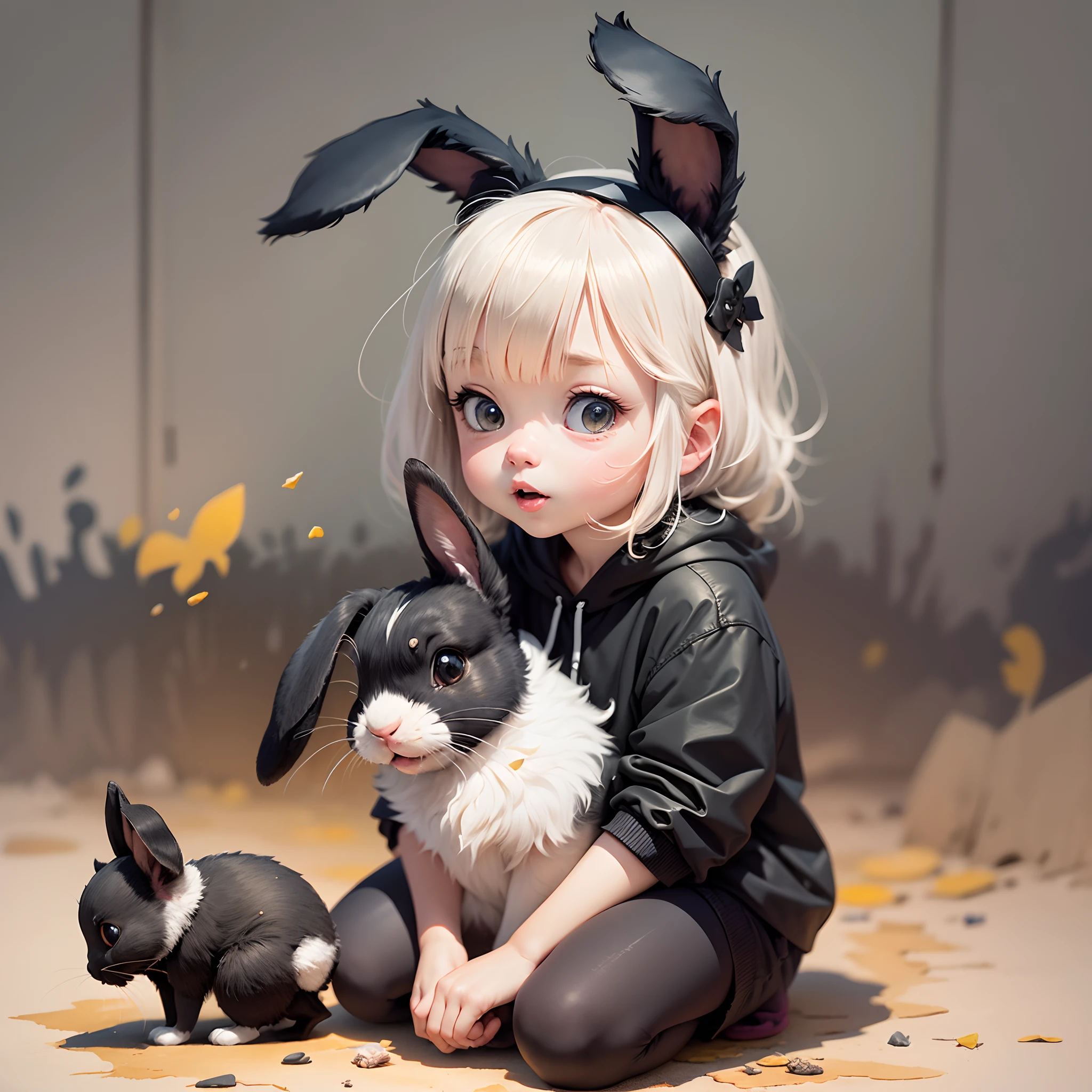 (Quentin Blake+charming character+children book )style illustration, a cute kawaii furry black bunny is sitting on the ground with cute expression, Whimsical Art, Pixar Art, Disney Art, Pure white background，dark black and light black, bold, manga-inspired characters, watercolor paintings, furry art --auto --s2