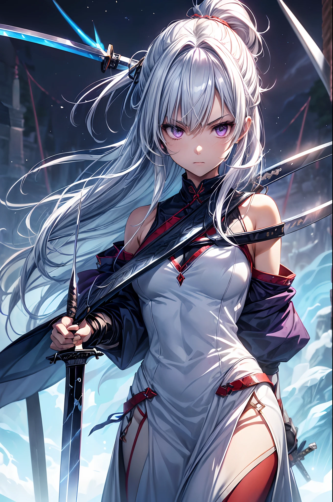 (absurderes, hight resolution, ultra-detailliert),(masutepiece, Best Quality:1.2), Midjourney,1girl in,Solo, The power of time,White hair,Red and purple eyes,crack in reality, Beautiful,Kronos Time, wearing white outfit, The power of mythology, Fantasy, highest quality digital art,Highly detailed eyes,blue flames、(arma)、(There are countless swords:1.5)、(Shining sword:1.5)、(The sword is stuck in the ground:1.5)、He also has a sword、long、pony tail hair