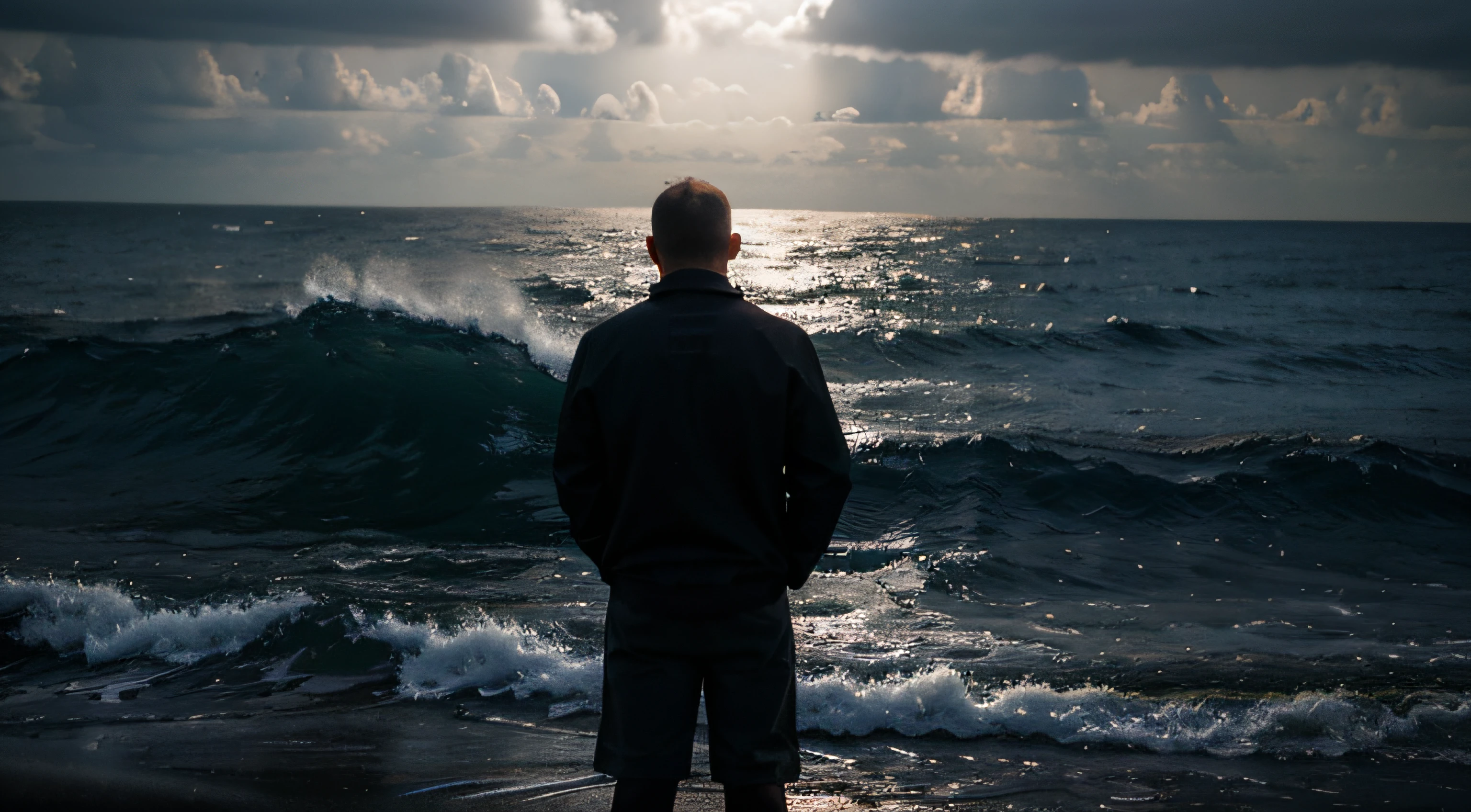 man looking the sea, deep shadow