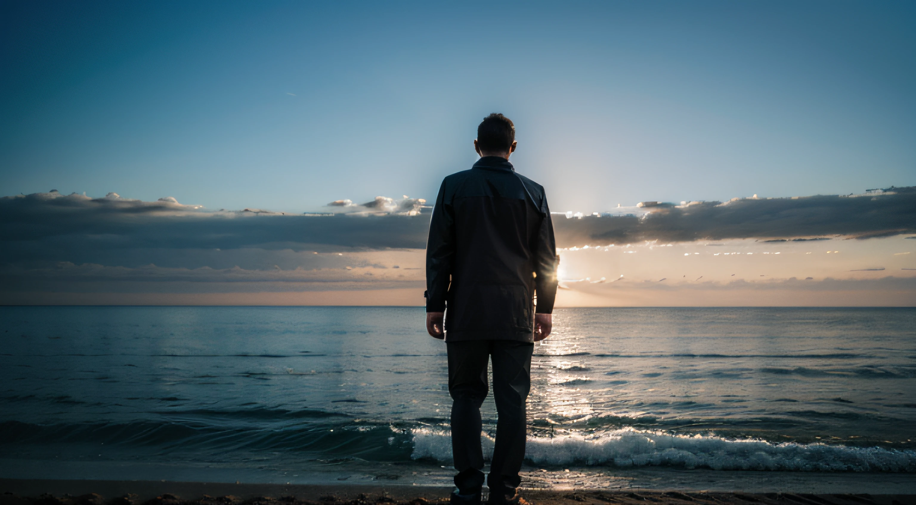 man looking the sea, deep shadow, full body, behind