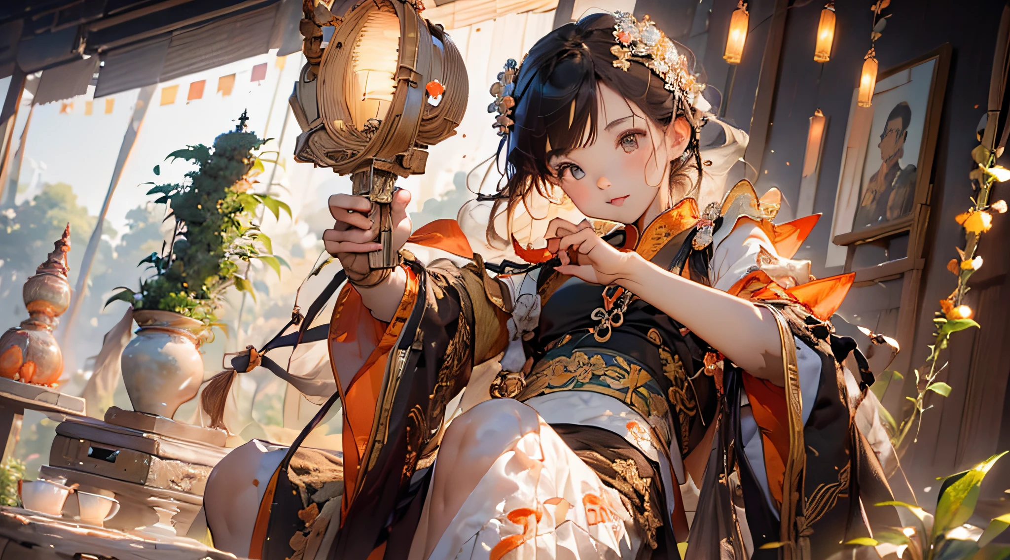 In comfortable living room, When Yin Xuan returned home, (Best quality, A high resolution, meticulous craftsmanship), Cast a warm glow on her work area,Colorful threads are elegantly intertwined, With each careful movement of her hands, Bamboo weaves a bamboo flower.wide wide shot