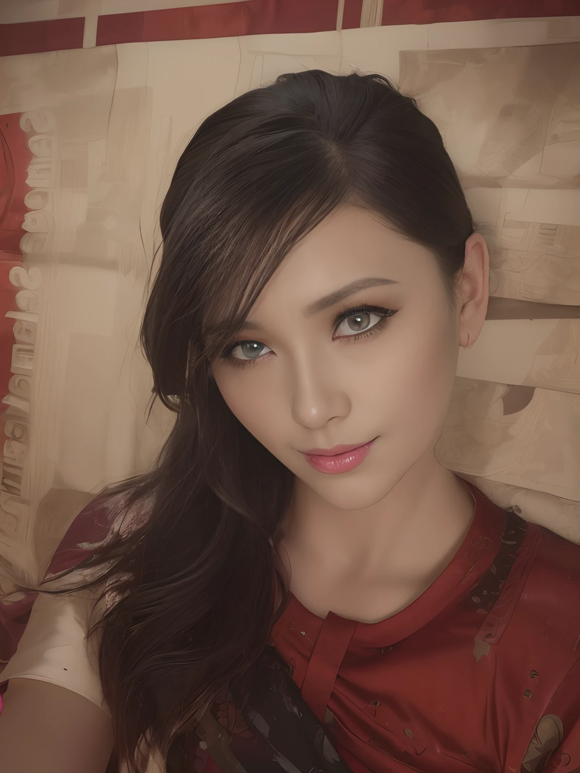 Masterpiece, Best Quality, 3D Rip Artwork, 3DMM Style, Close-up, Portrait, Realism, a woman beautifully makeup, eyeshadow, Parted Lips, Challenge Eye, beautiful big eyes, long eye lashes, wearing ((red and black satin headscarf)), (( satin shirt)), ((batik satin long maxi skirt)), strolling on a trail in the spring, garden, river