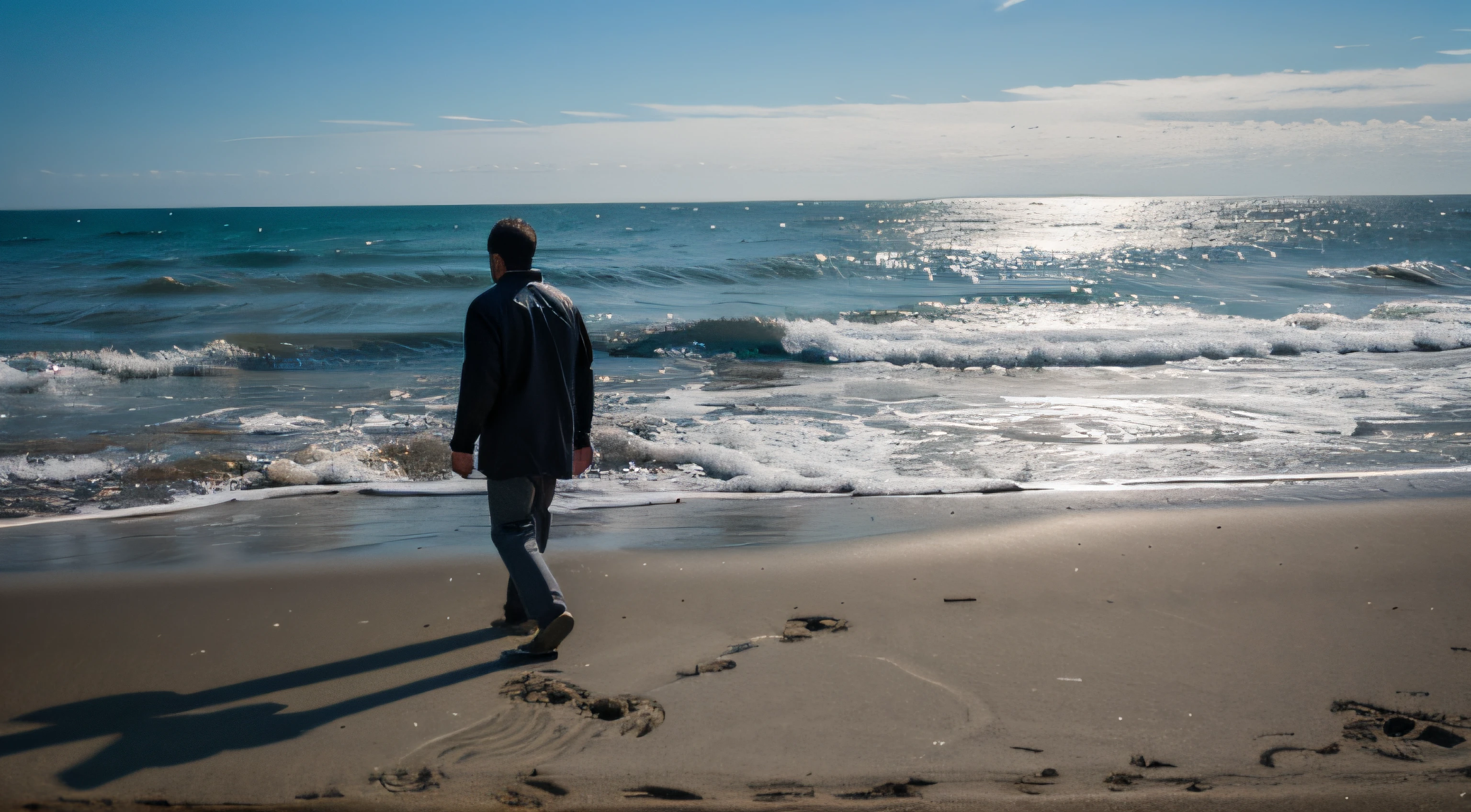 man walking in the beach, deep shadow