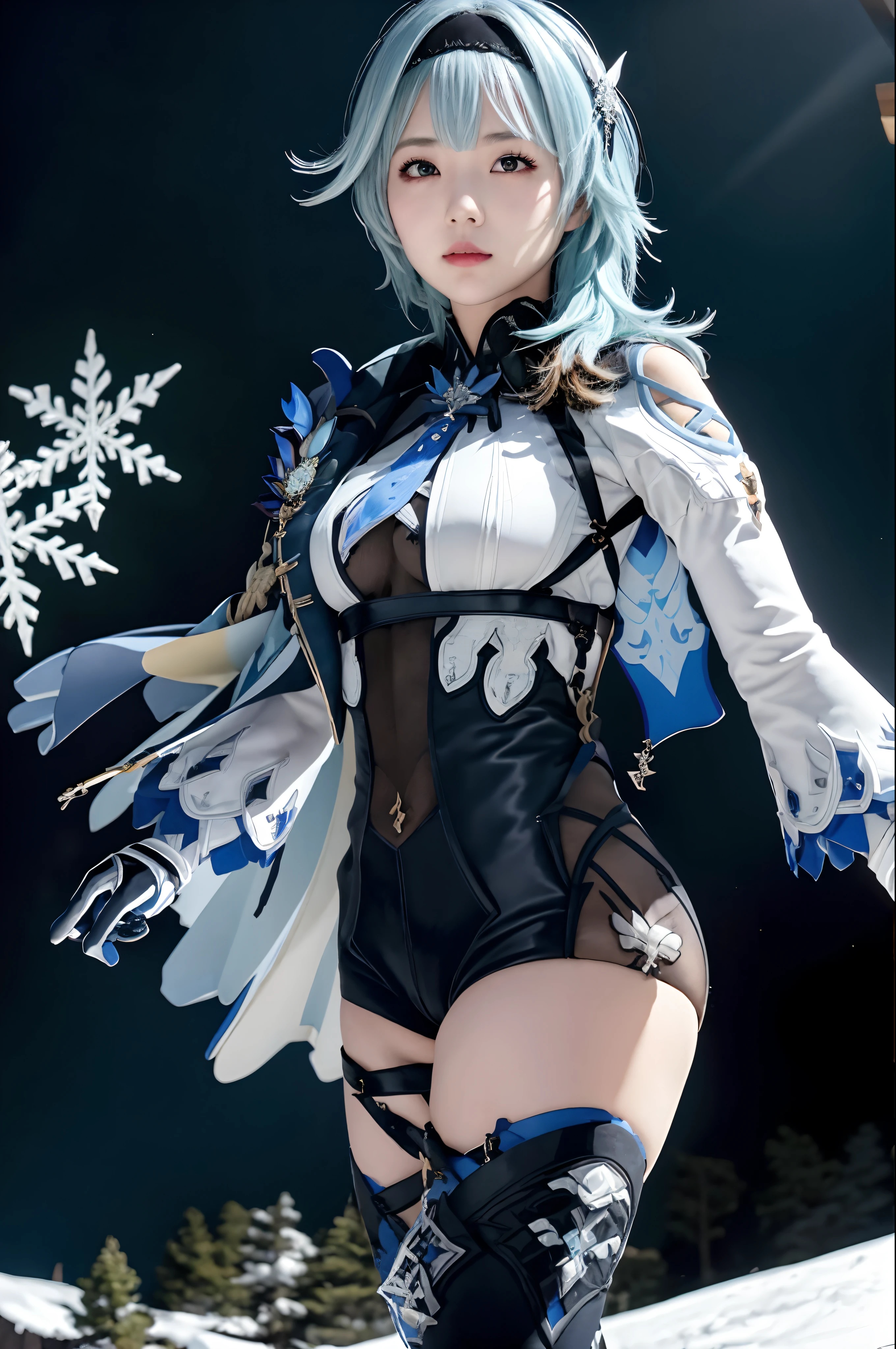 masutepiece, Best Quality, 8K分辨率、Raw photo、1girl in,eula \(GenshinImpact\),shairband,Blue hair,multicolored eyes,neck tie,Cape,eyesight \(GenshinImpact\),Leotard,Long sleeves,gloves,side locks,  black thighhighs, Dark iceberg in the background、snow blowing、Snowflakes dancing in the background、