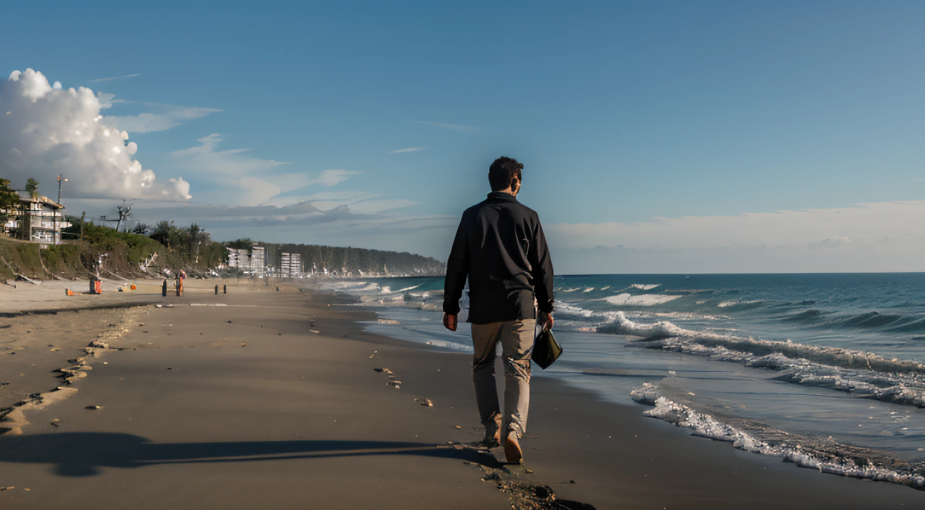 man walking in the beach, deep shadow
