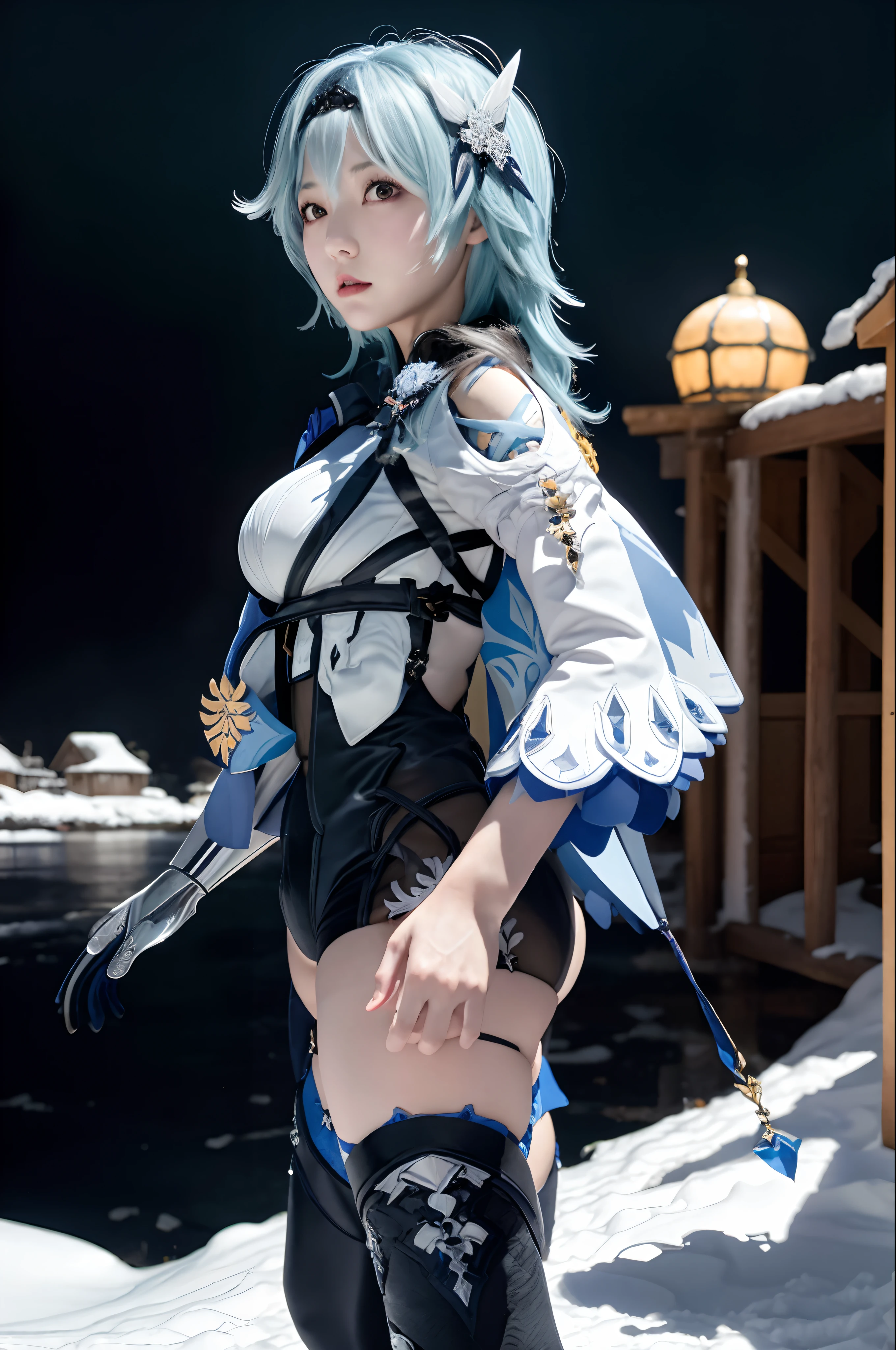 masutepiece, Best Quality, 8K分辨率、Raw photo、1girl in,eula \(GenshinImpact\),shairband,Blue hair,multicolored eyes,neck tie,Cape,eyesight \(GenshinImpact\),Leotard,Long sleeves,gloves,side locks,  black thighhighs, Dark iceberg in the background、snow blowing、Snowflakes dancing in the background、