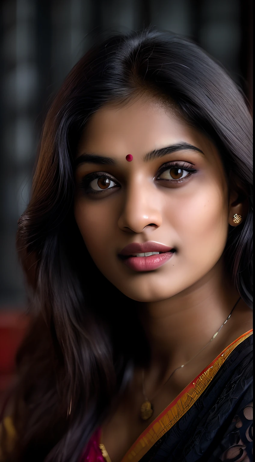 (close-up, editorial photograph of a 25 year old Indian woman), (highly detailed face:1.4) (smile:0.7) (background inside dark, moody, private study:1.3) POV, nikon d850, film stock photograph ,4 kodak portra 400 ,camera f1.6 lens ,rich colors ,hyper realistic ,lifelike texture, dramatic lighting , cinestill 800,