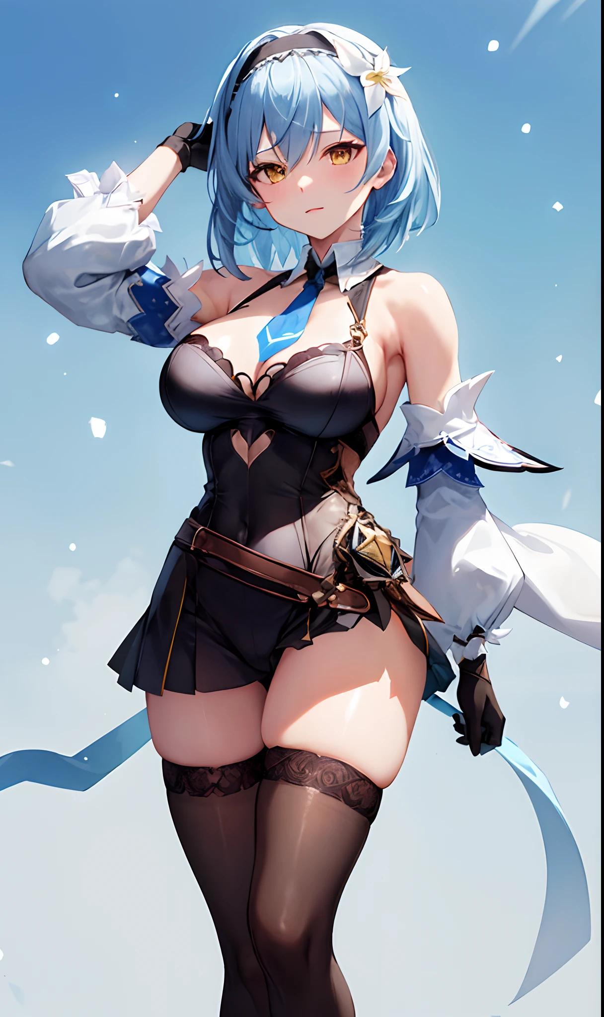 ((masterpiece, best quality)), (1girl),((mature female)), lightblue hair,thighhighs, hairband, thighs, long sleeves, gloves,  bangs, dark golden yellow eyes, medium hair, leotard, hair ornament, black hairband, shoulder cutout, black thighhighs, blue necktie, (large breasts:1.2), (busty),armpits, tying hair,curvy,cleavage,confident, [wide hips],snowing,nature, eula \(genshin impact\), pov