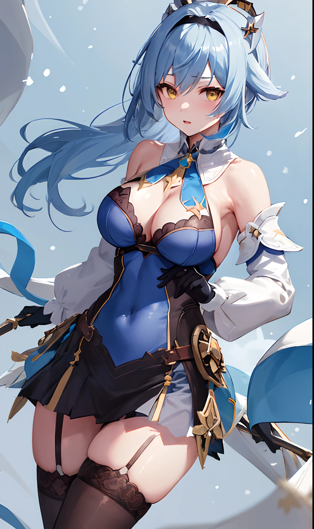 ((masterpiece, best quality)), (1girl),((mature female)), lightblue hair,thighhighs, hairband, thighs, long sleeves, gloves,  bangs, dark golden yellow eyes, medium hair, leotard, hair ornament, black hairband, shoulder cutout, black thighhighs, blue necktie, (large breasts:1.2), (busty),armpits, tying hair,curvy,cleavage,confident, [wide hips],snowing,nature, eula \(genshin impact\), pov
