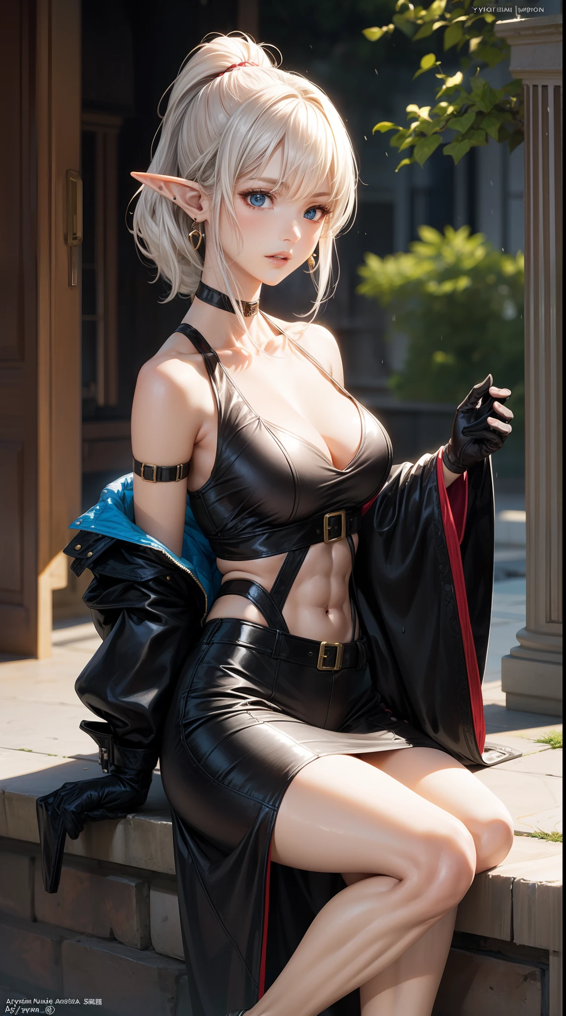 A beautiful elf, 1girl, ((rock jacket)), black clothing, white hair, short ponytail hair,  Perfect lips, earring, glowing, choker,dress, detached sleeves,full body, rain, gloves, fantasy art, illustration, masterpiece, digital art, drawing, bare shoulders, (abs: 1.3), (earrings:1.3), (asymmetrical bangs:1.3), highly detailed face, young female battlemage, masterpiece, Aesthetic, anime style drawing by Ayami kojima, HDR, digital art by Yusuke Murata
