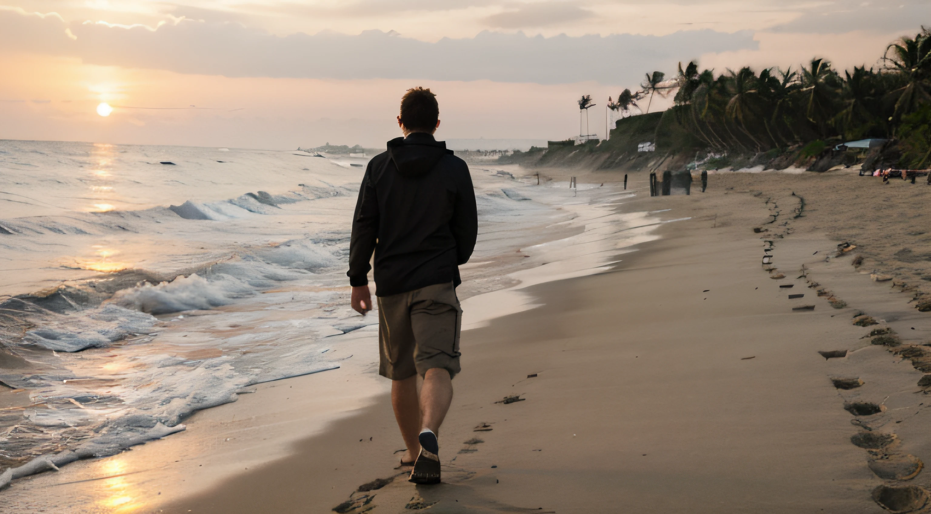 man walking in the beach man with sunset