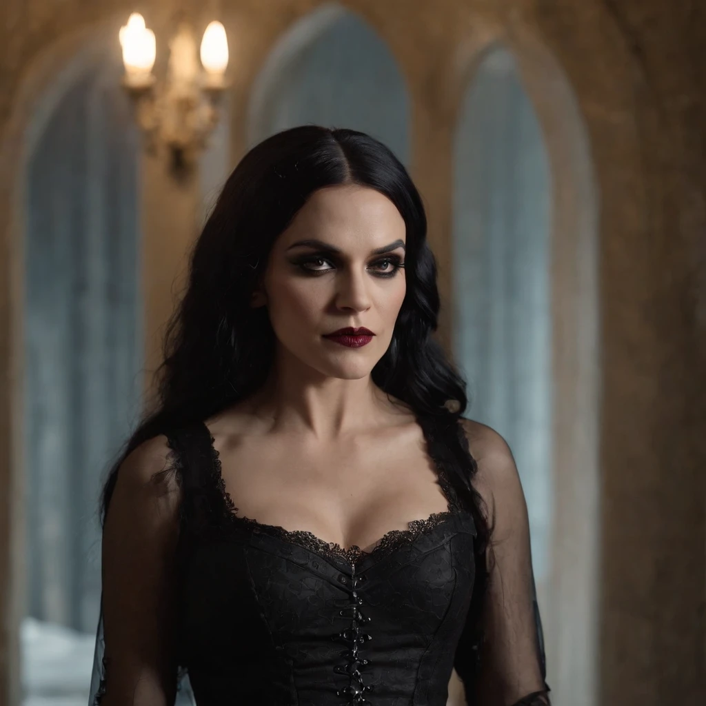 Woman in a black dress standing in a dark room, Cristina Scabbia, Imagen de un video musical, Gothic Maid, goth woman, Black Rococo Metal, Dark Gothic Queen, video still, gothic maiden of the dark, goth girl, wearing a gothic dress, godo, Gothic, gothic horror vibes, behind her is a scary atmosphere