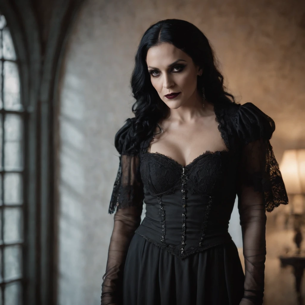 Young woman in a black dress standing in a dark room, age 30, Cristina Scabbia, Imagen de un video musical, Gothic Maid, goth woman, Black Rococo Metal, Dark Gothic Queen, video still, gothic maiden of the dark, goth girl, wearing a gothic dress, godo, Gothic, gothic horror vibes, behind her is a scary atmosphere