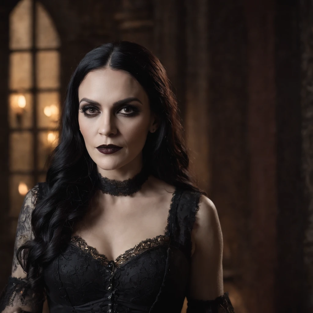 Woman in a black dress standing in a dark room, Cristina Scabbia, Imagen de un video musical, Gothic Maid, goth woman, Black Rococo Metal, Dark Gothic Queen, video still, gothic maiden of the dark, goth girl, wearing a gothic dress, godo, Gothic, gothic horror vibes, behind her is a scary atmosphere