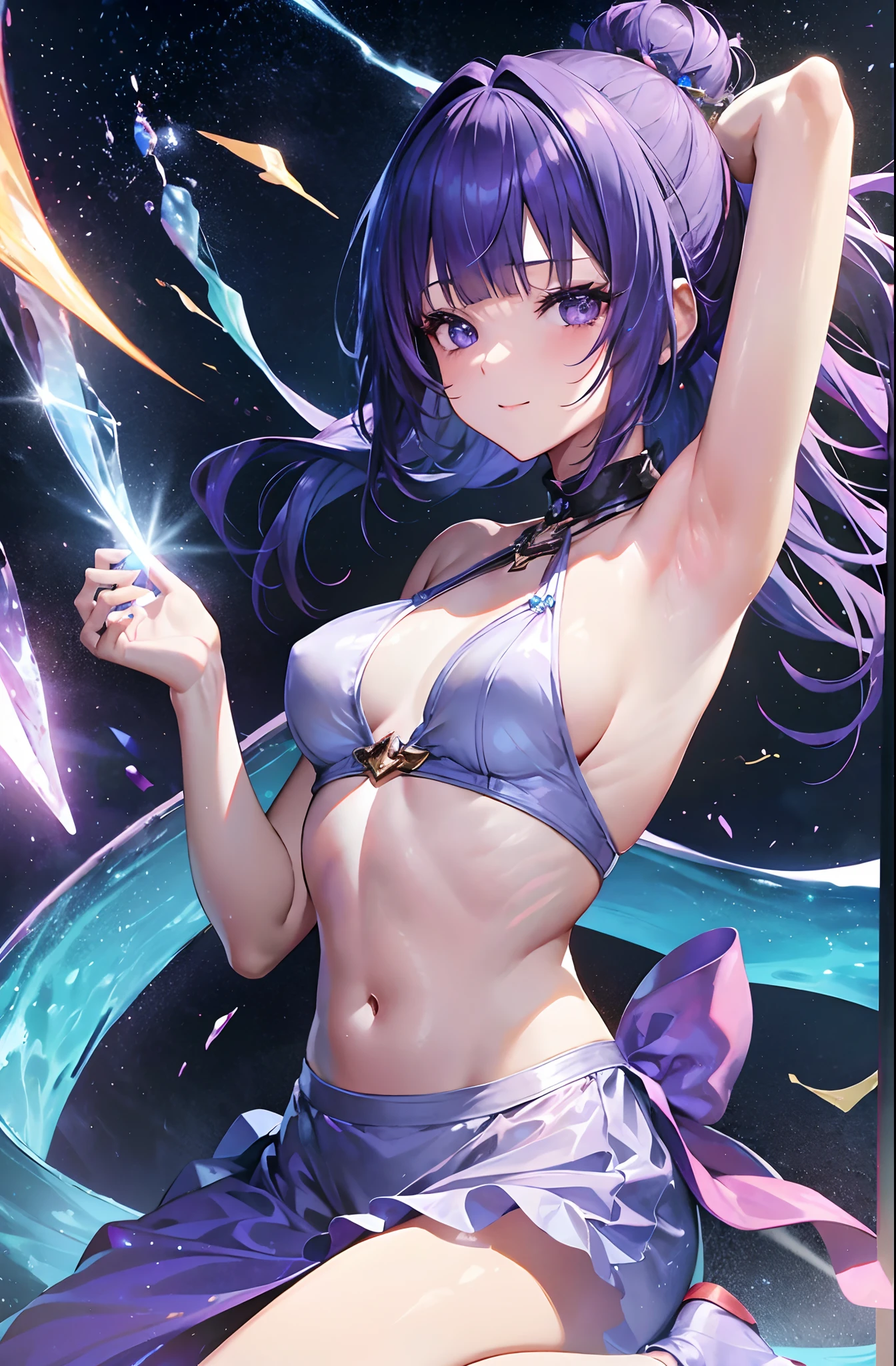 (masutepiece:1.3), Rich in pH 、1girl in、 Solo、(Best Quality:1.3), High resolution, Couboy Shot, on back,Superb view、(One Cute Girl:1.3), Solo, huge smile、A ring of iridescent angels hovers above my head、Big iridescent heart on background、Angel Ring、maid clothes、maid、Eight-headed body、with full of stars、Meteor swarm、Beautiful cityscape、Colorful starry sky、crouching down、Forehead、wide forehead、Model Standing、cross one's legs、Focus on eye brightness、yogapose、Purple hair, (bobhair:1.2), Mixed mesh and light blue、Bun hair, (Blunt bangs:1.2), Beautiful hair, Eyes are purple, Miraculous Eye、Close your eyes with all your might、Light from the eyes、Eyes are closed(1:4)Beautiful detailed eyes, ultradetailed eyes、Glitter eyes,from the rear、yoga、Colorful starry sky,Stars,Iridescent aura around the eyes、Raise your hand to stretch、Lie down and stick your hips out、Iridescent eyes、Narrowed eyes sucked in,Wearing a rainbow-colored aura from the whole body、 Shadow lighting,perfectbody
